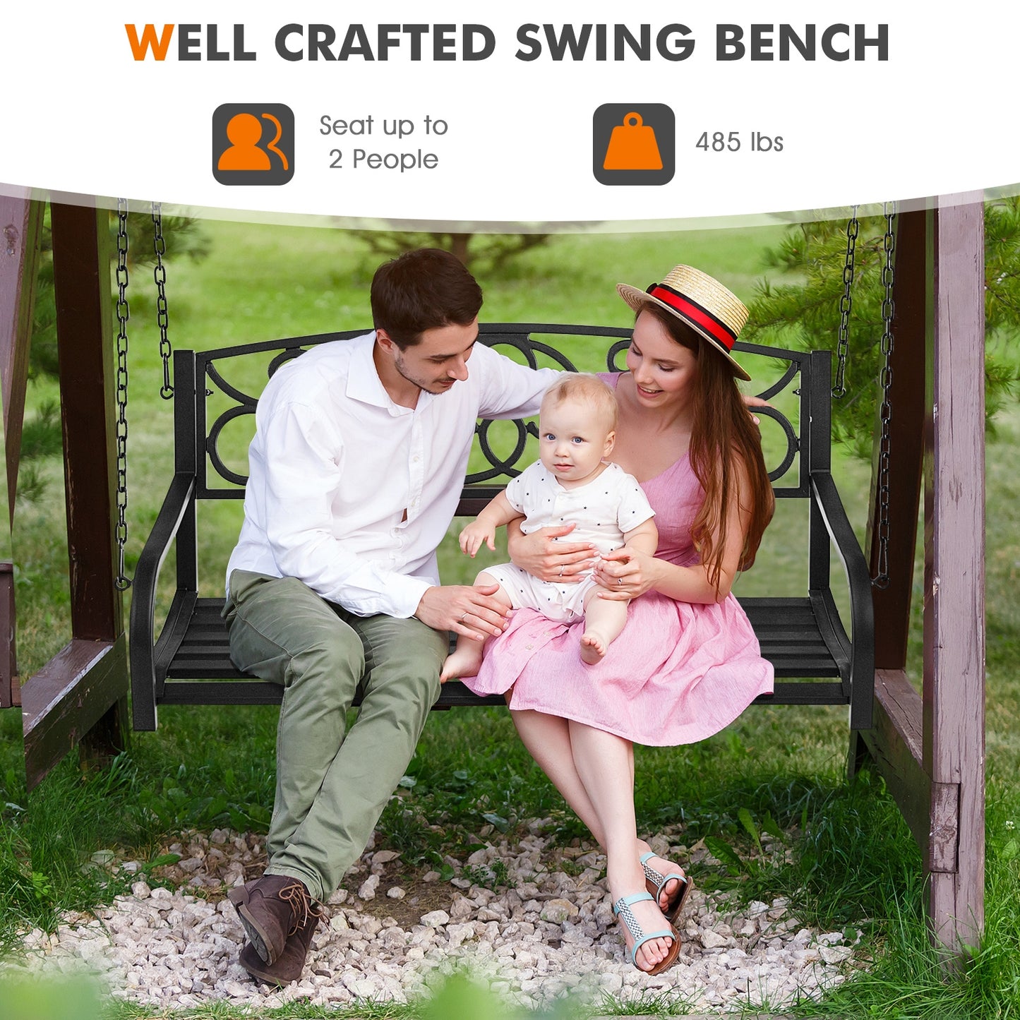 Outdoor 2-Person Metal Porch Swing Chair with Chains-Black Kids Crystal