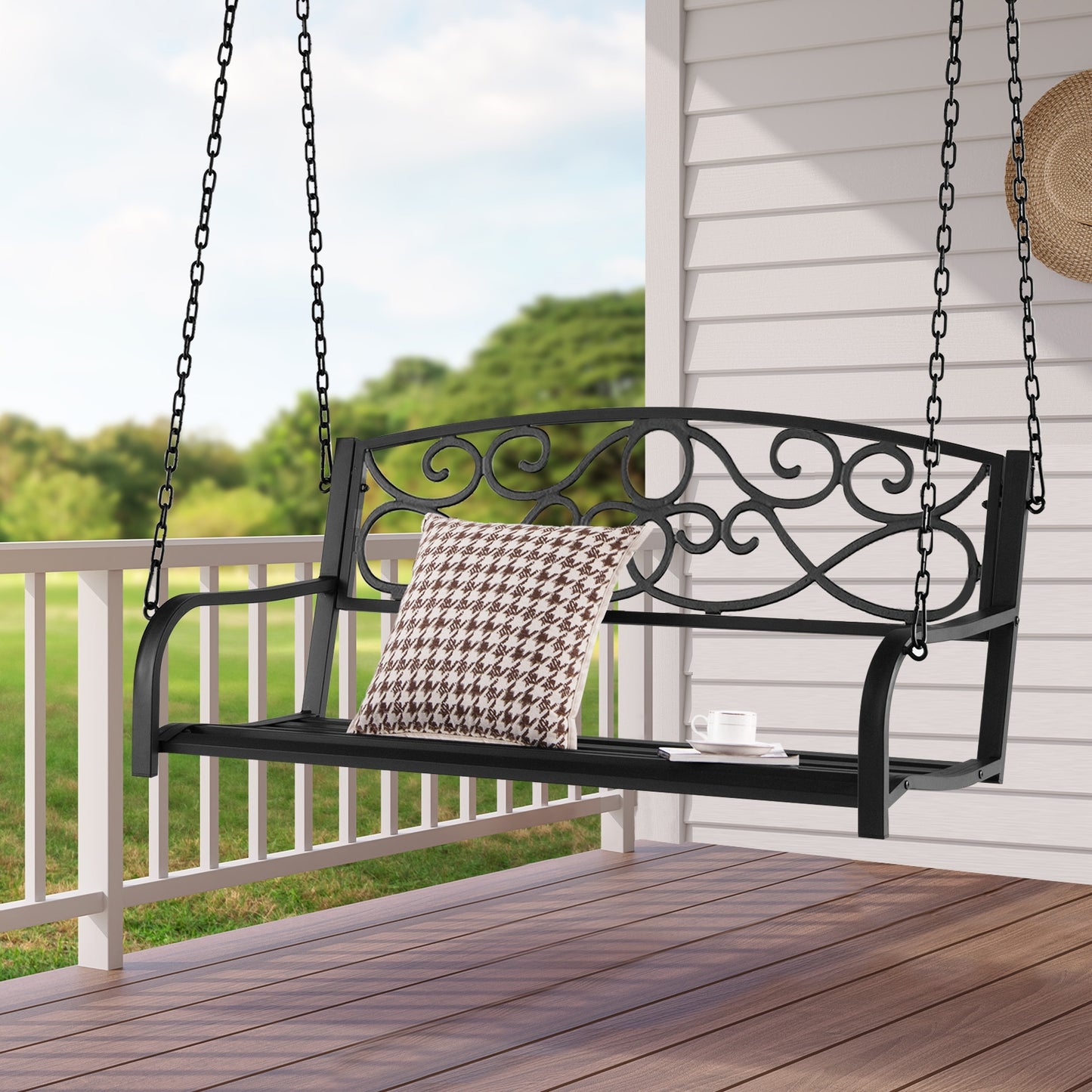 Outdoor 2-Person Metal Porch Swing Chair with Chains-Black Kids Crystal