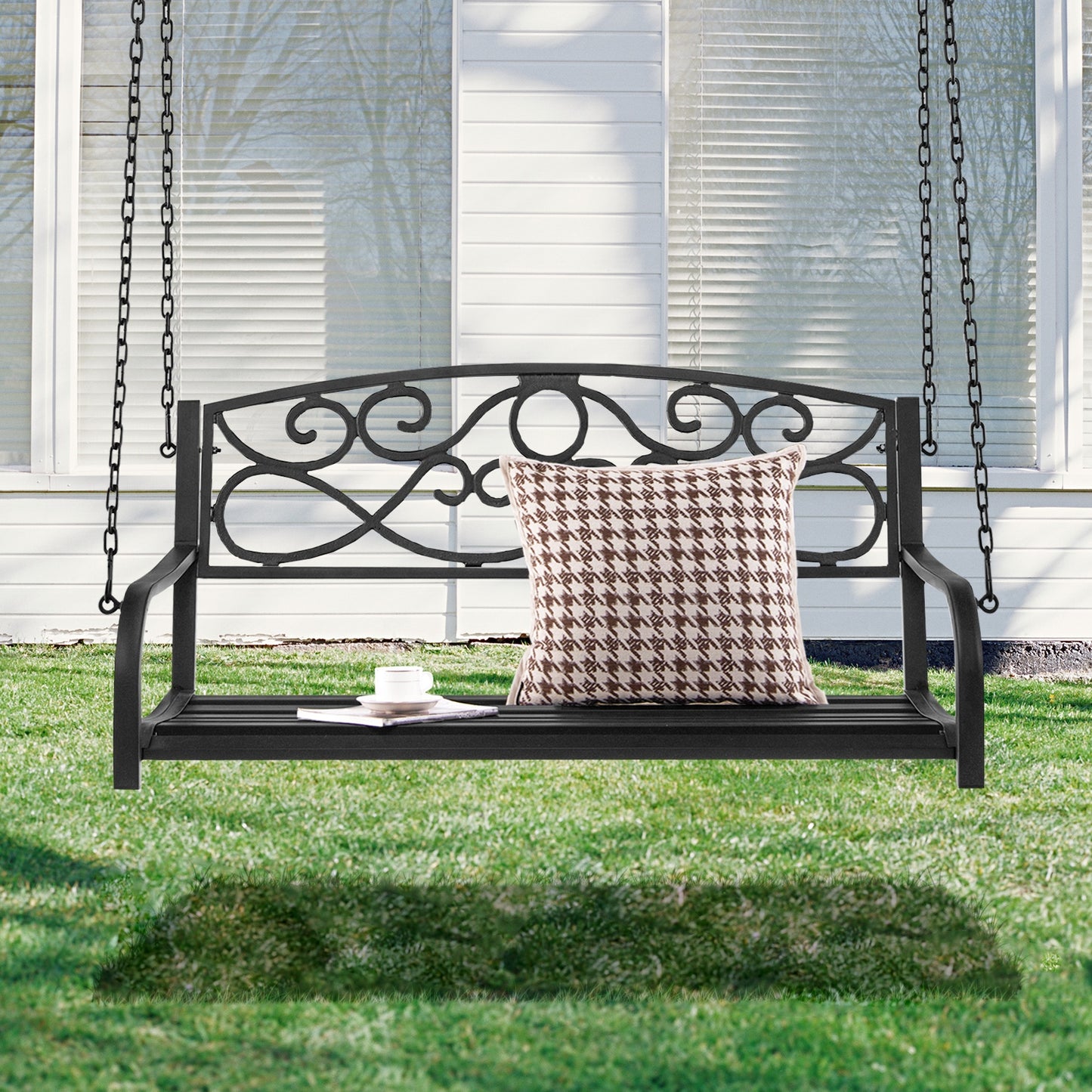 Outdoor 2-Person Metal Porch Swing Chair with Chains-Black Kids Crystal