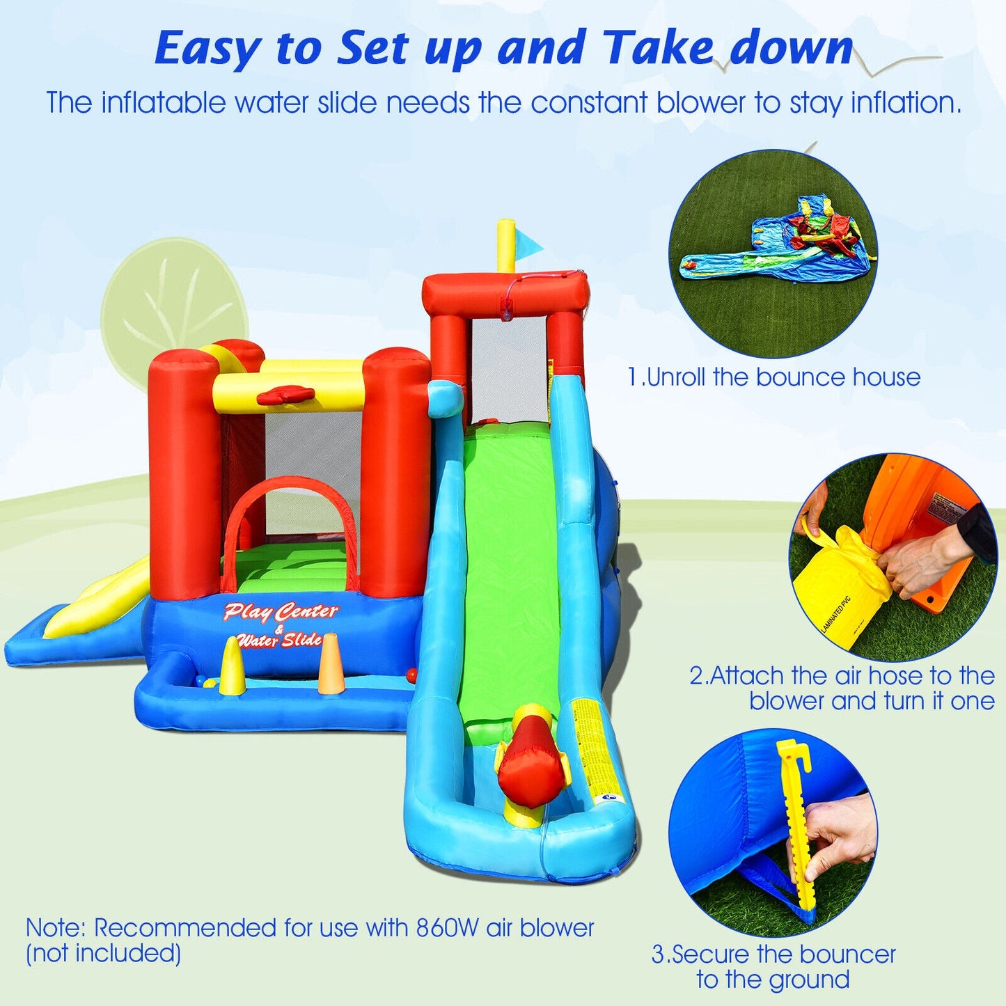 9-in-1 Inflatable Kids Water Slide Bounce House without Blower Kids Crystal