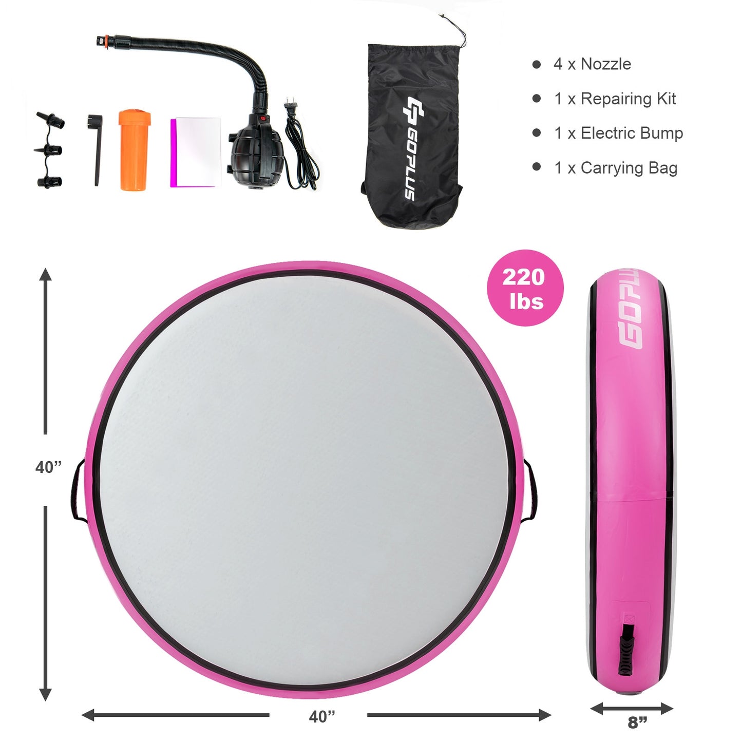 40 Inch Inflatable Round Gymnastic Mat Tumbling Floor Mat with Electric Pump-Pink Kids Crystal