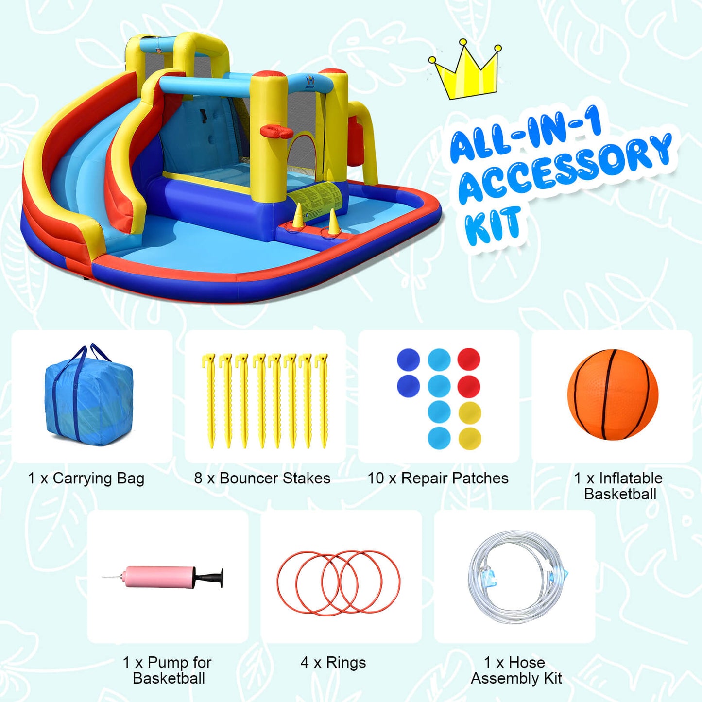 7-in-1 Inflatable Water Slide Bounce Castle with Splash Pool and Climbing Wall without Blower Kids Crystal