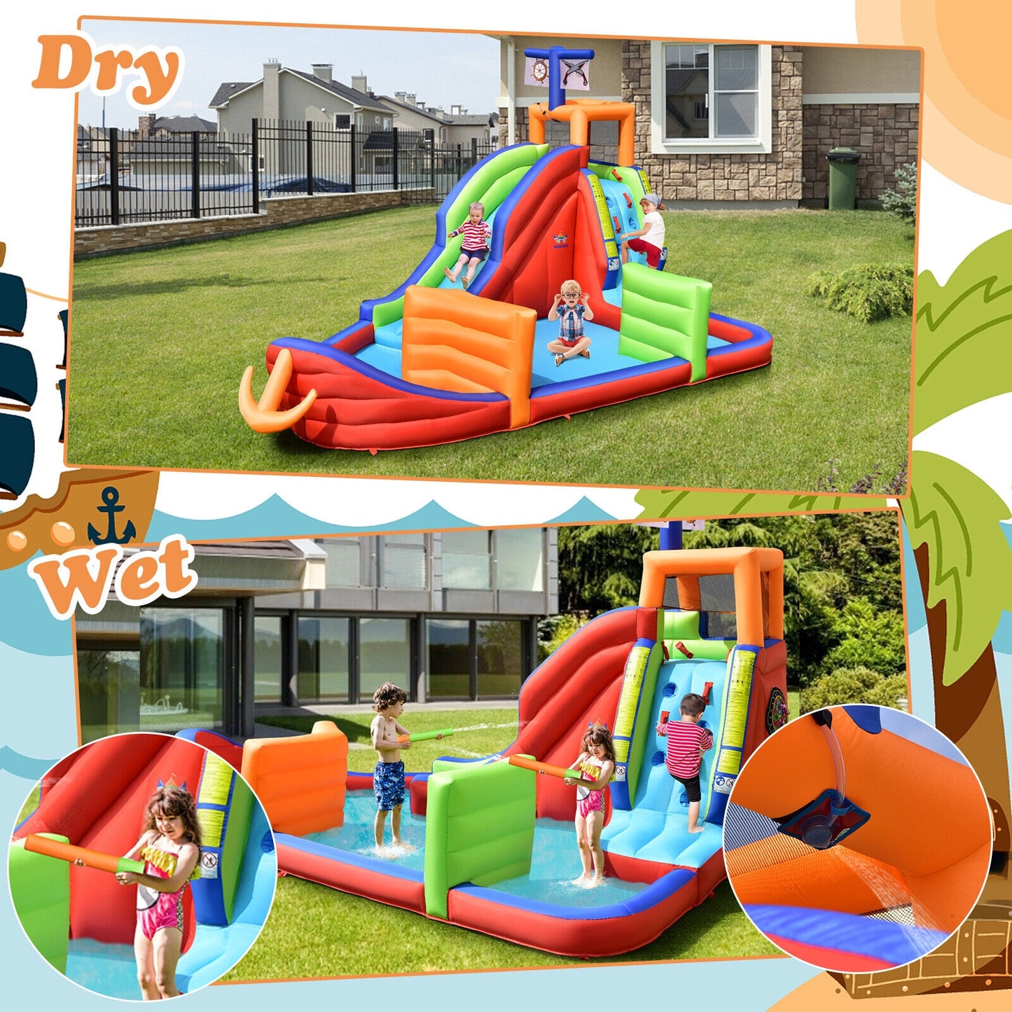 6-in-1 Pirate Ship Waterslide Kid Inflatable Castle with Water Guns and 735W Blower Kids Crystal