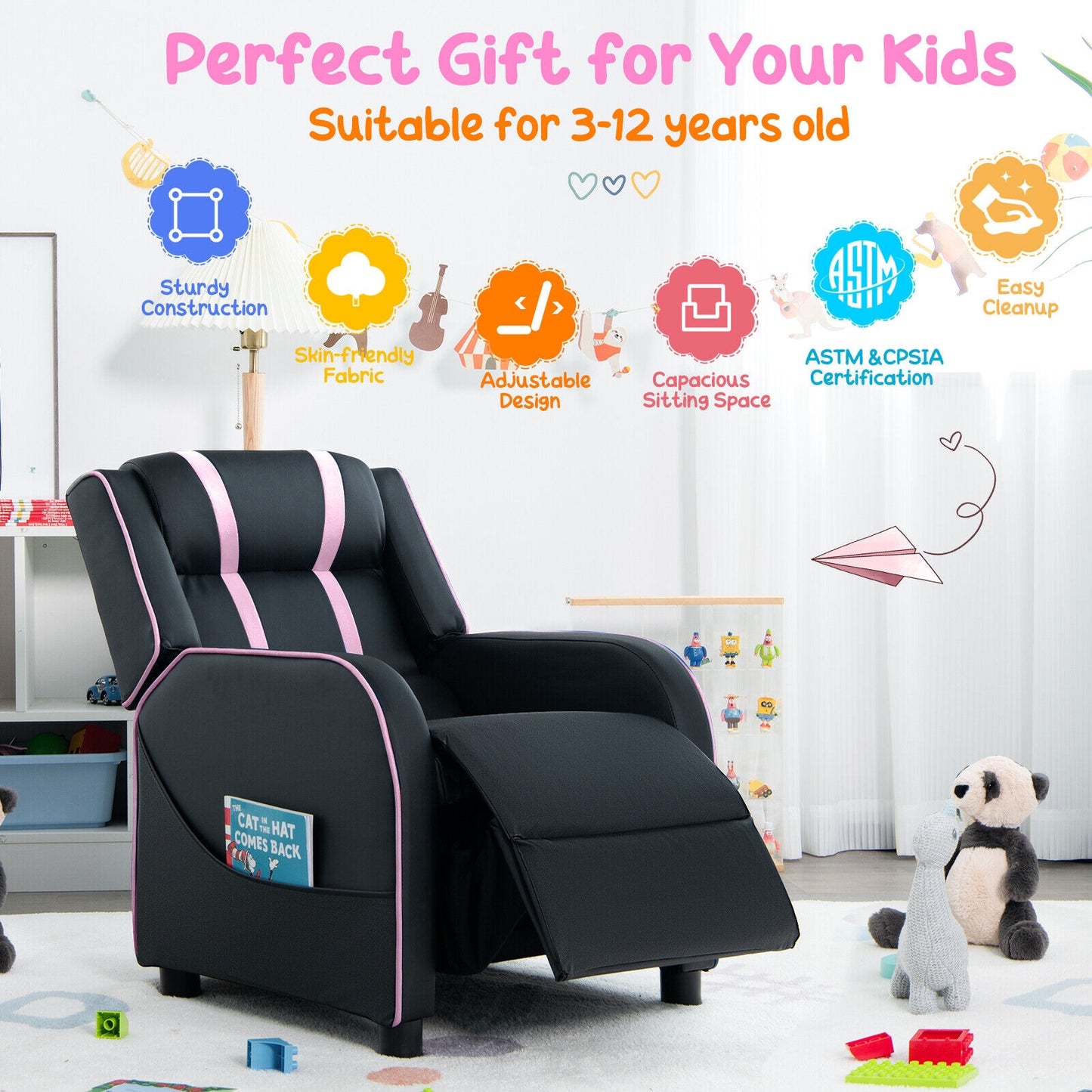 Kids Recliner Chair with Side Pockets and Footrest-Pink Kids Crystal