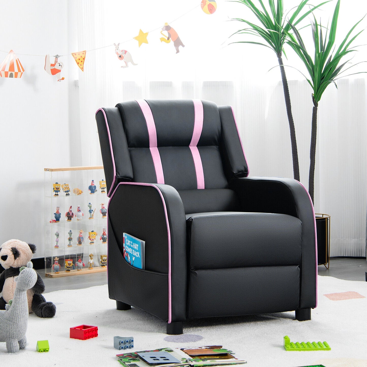 Kids Recliner Chair with Side Pockets and Footrest-Pink Kids Crystal