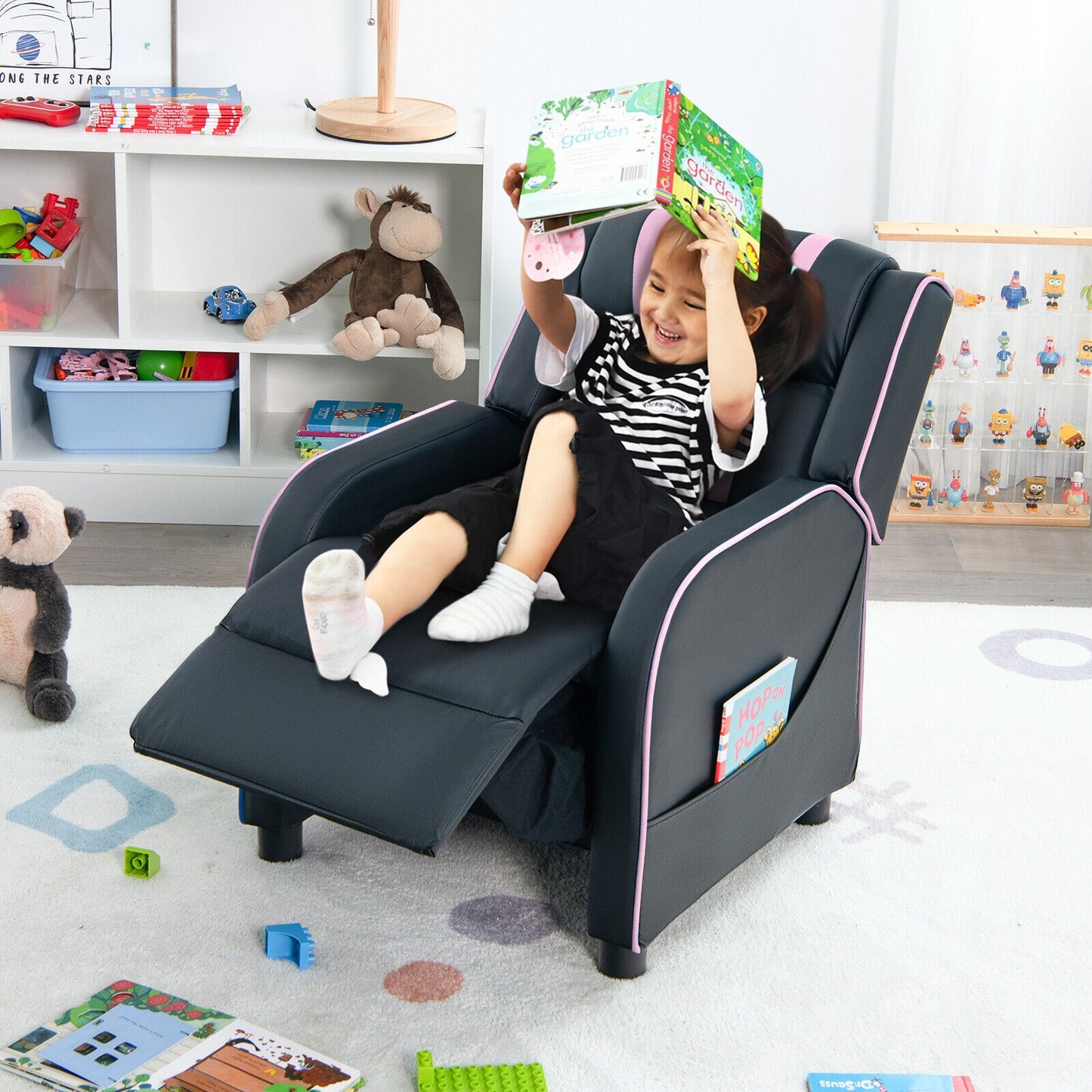 Kids Recliner Chair with Side Pockets and Footrest-Pink Kids Crystal