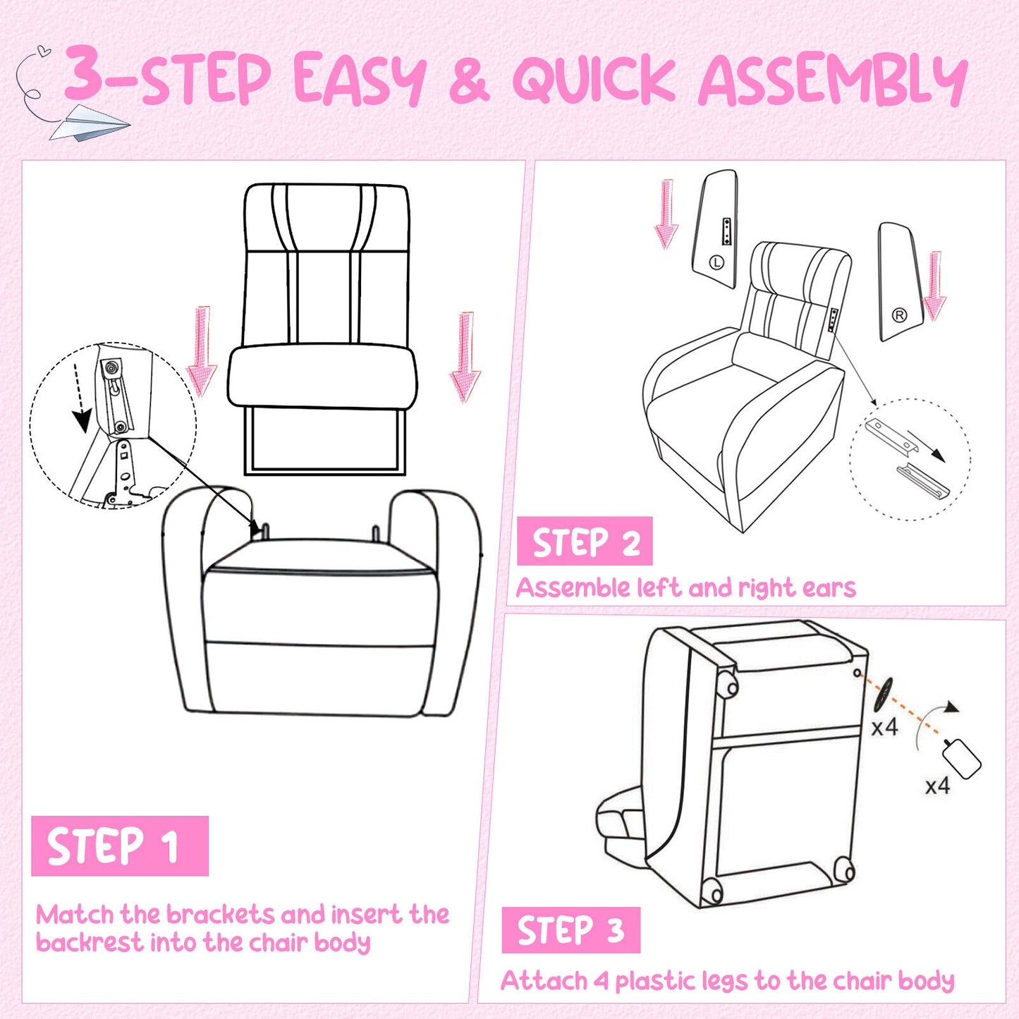 Kids Recliner Chair with Side Pockets and Footrest-Pink Kids Crystal