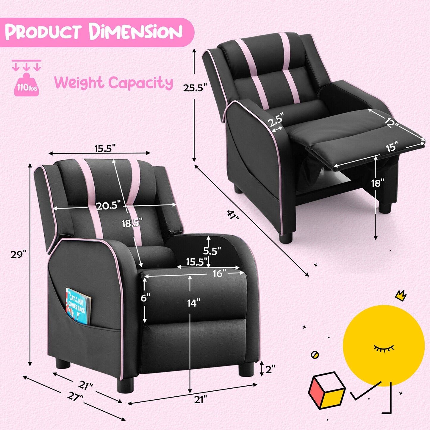 Kids Recliner Chair with Side Pockets and Footrest-Pink Kids Crystal