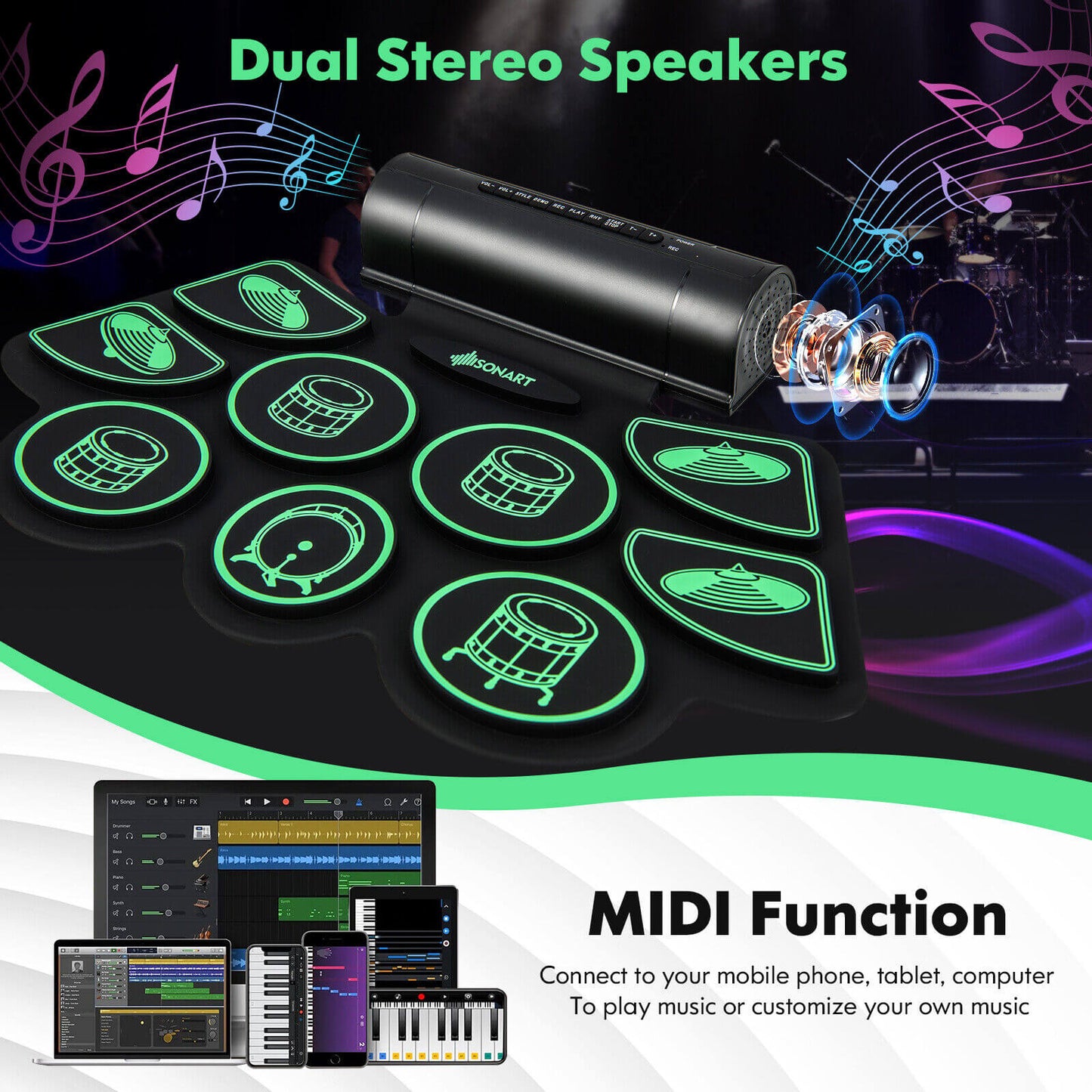 Electronic Drum Set with 2 Build-in Stereo Speakers for Kids-Green Kids Crystal