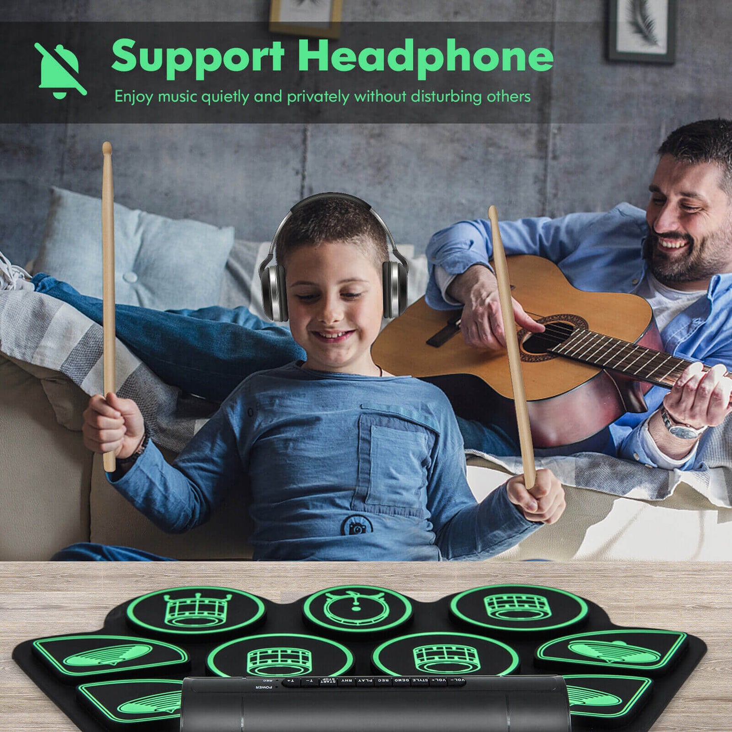Electronic Drum Set with 2 Build-in Stereo Speakers for Kids-Green Kids Crystal