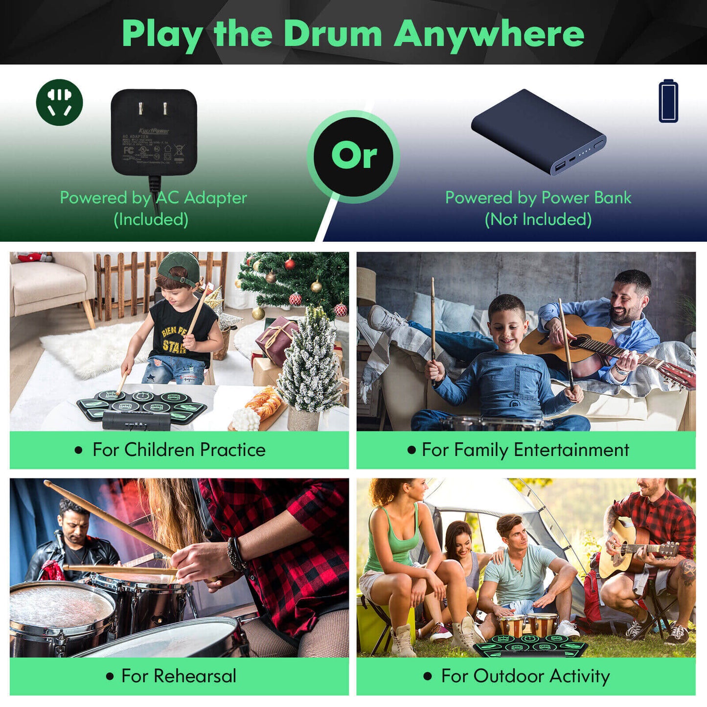 Electronic Drum Set with 2 Build-in Stereo Speakers for Kids-Green Kids Crystal