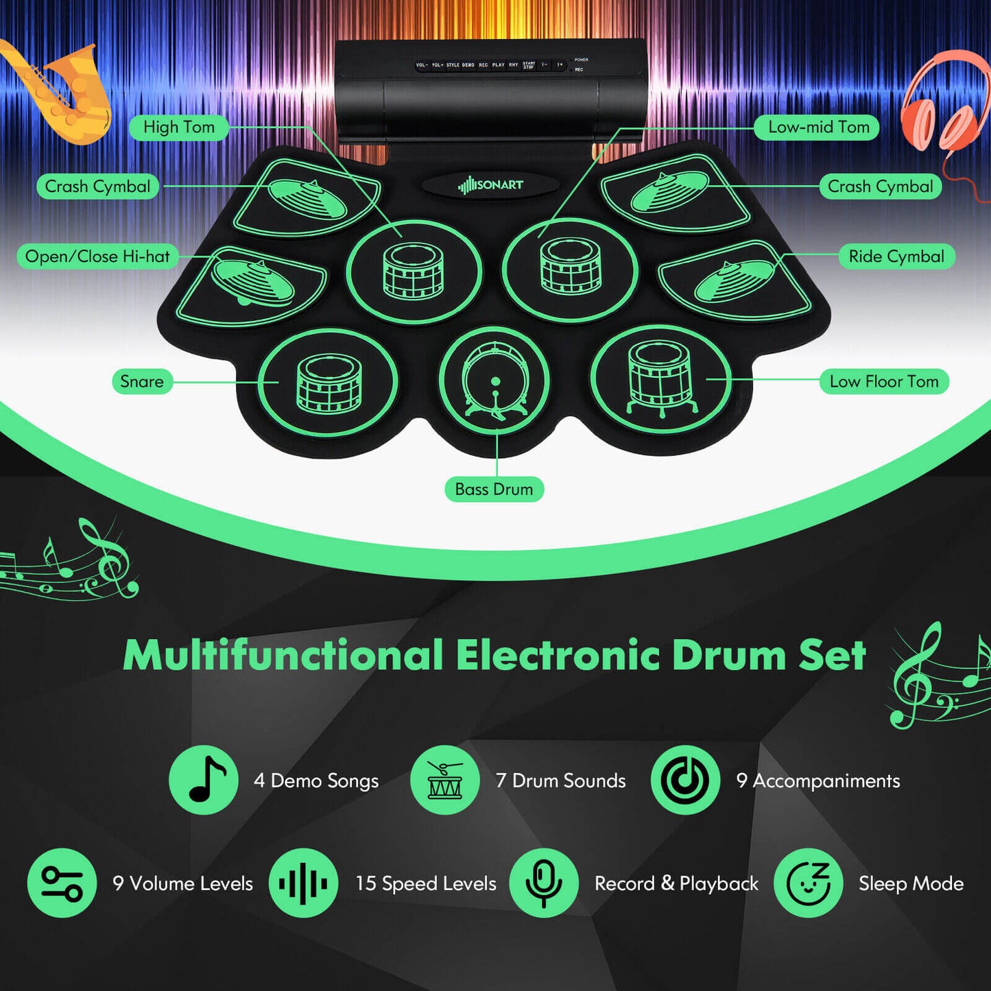 Electronic Drum Set with 2 Build-in Stereo Speakers for Kids-Green Kids Crystal