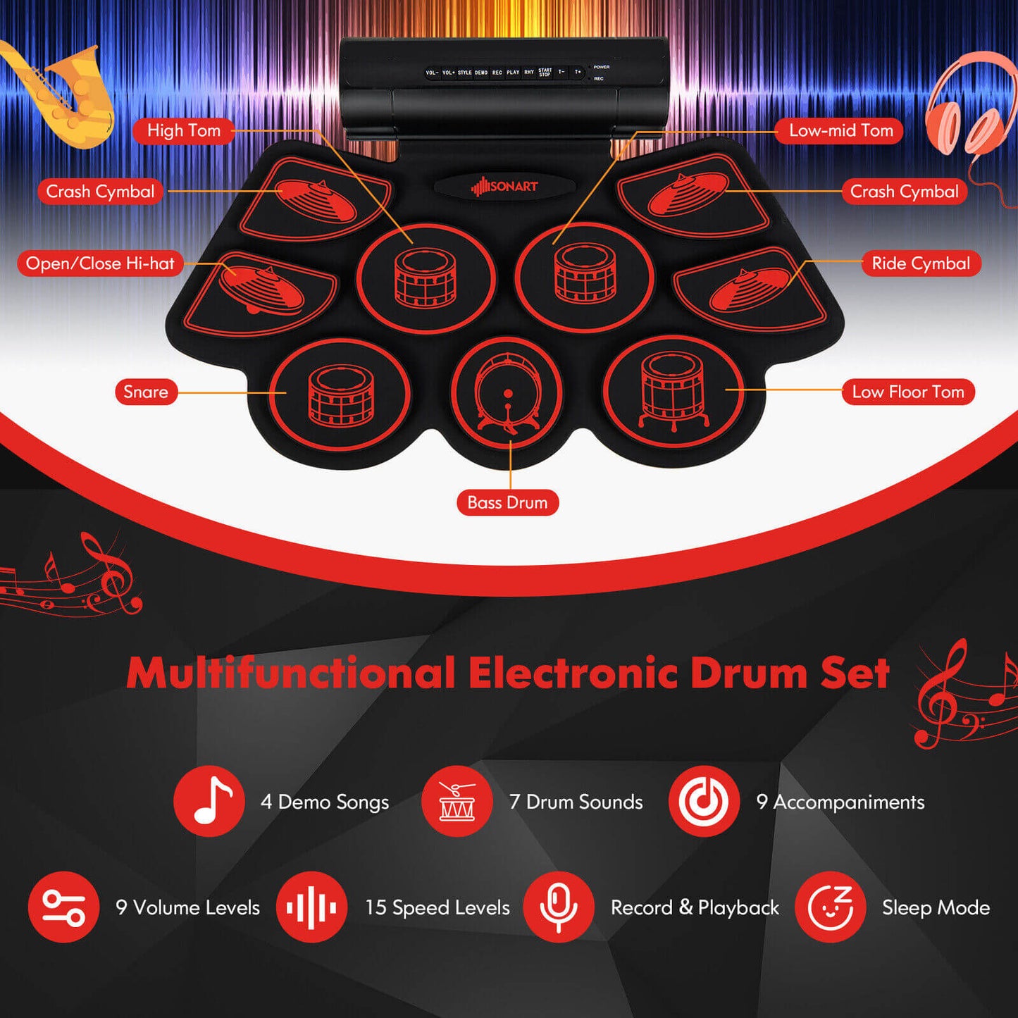 Electronic Drum Set with 2 Build-in Stereo Speakers for Kids-Red Kids Crystal