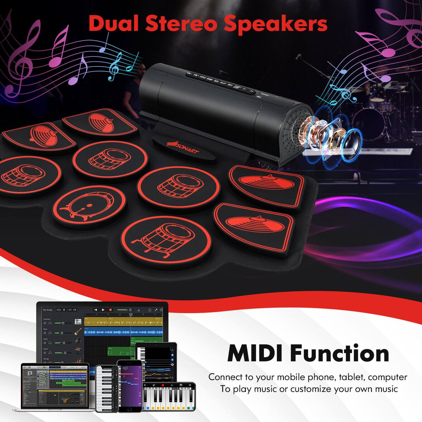 Electronic Drum Set with 2 Build-in Stereo Speakers for Kids-Red Kids Crystal