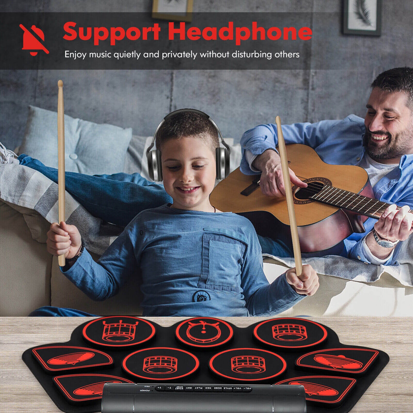 Electronic Drum Set with 2 Build-in Stereo Speakers for Kids-Red Kids Crystal