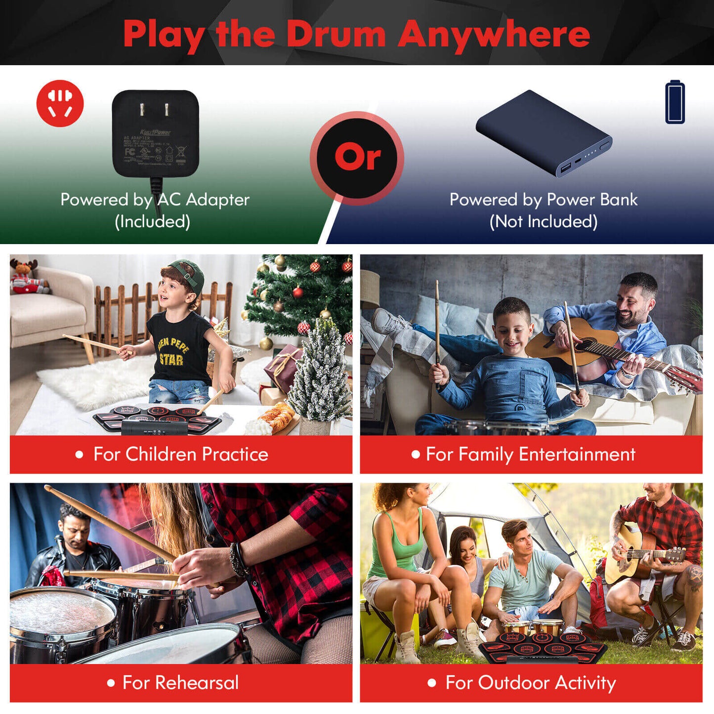 Electronic Drum Set with 2 Build-in Stereo Speakers for Kids-Red Kids Crystal