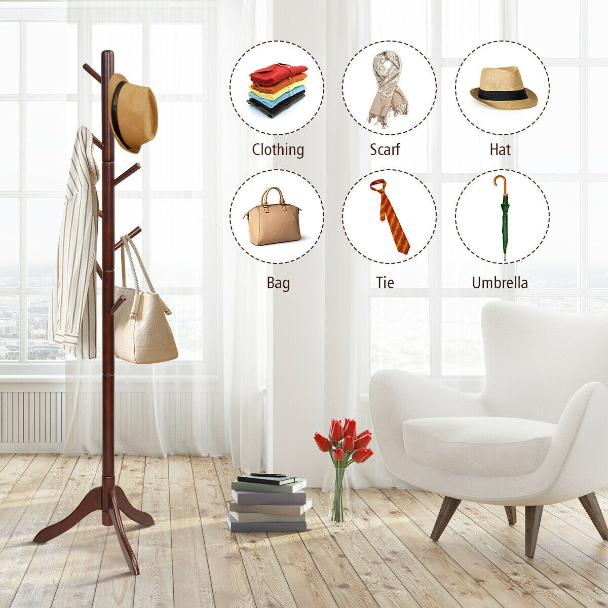 Adjustable Wooden Tree Coat Rack with 8 Hooks-Brown Kids Crystal