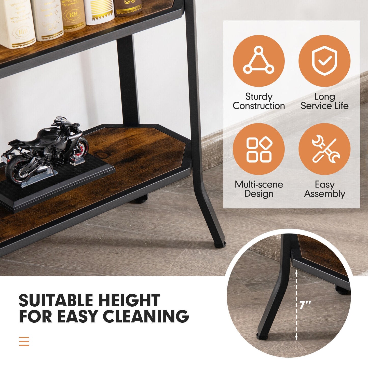 3-Tier Steel Frame Entryway Sofa Console Table for Hallway and Living Room-Rustic Brown Kids Crystal