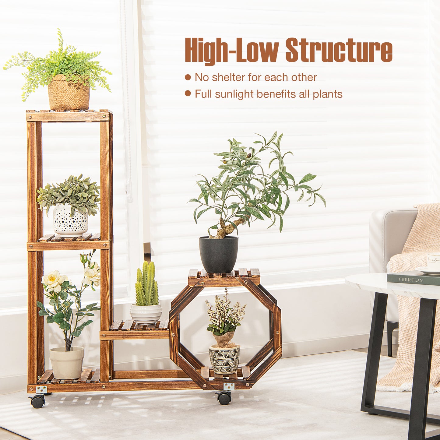6-Tier Wooden Plant Stand with Wheels-Brown Kids Crystal