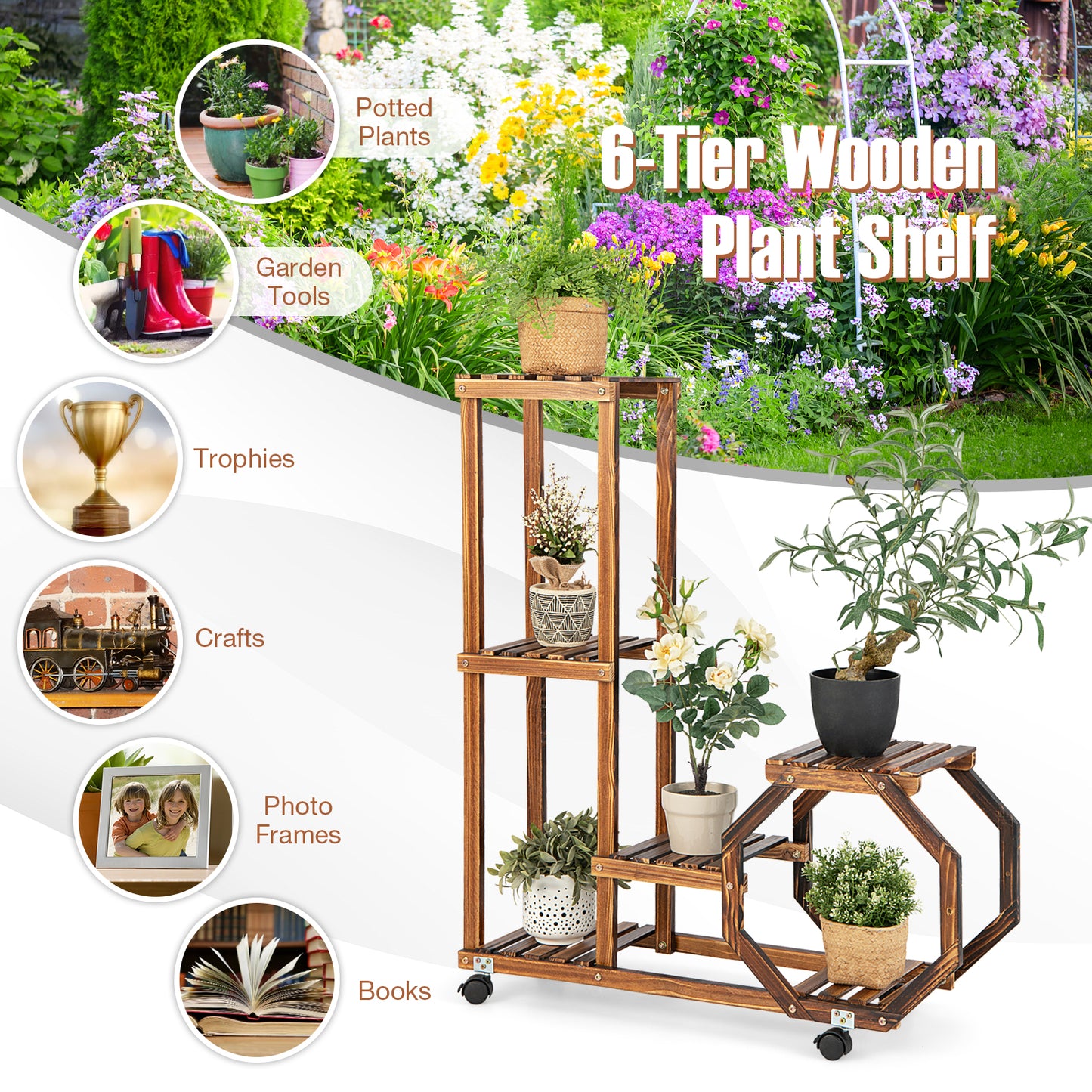 6-Tier Wooden Plant Stand with Wheels-Brown Kids Crystal