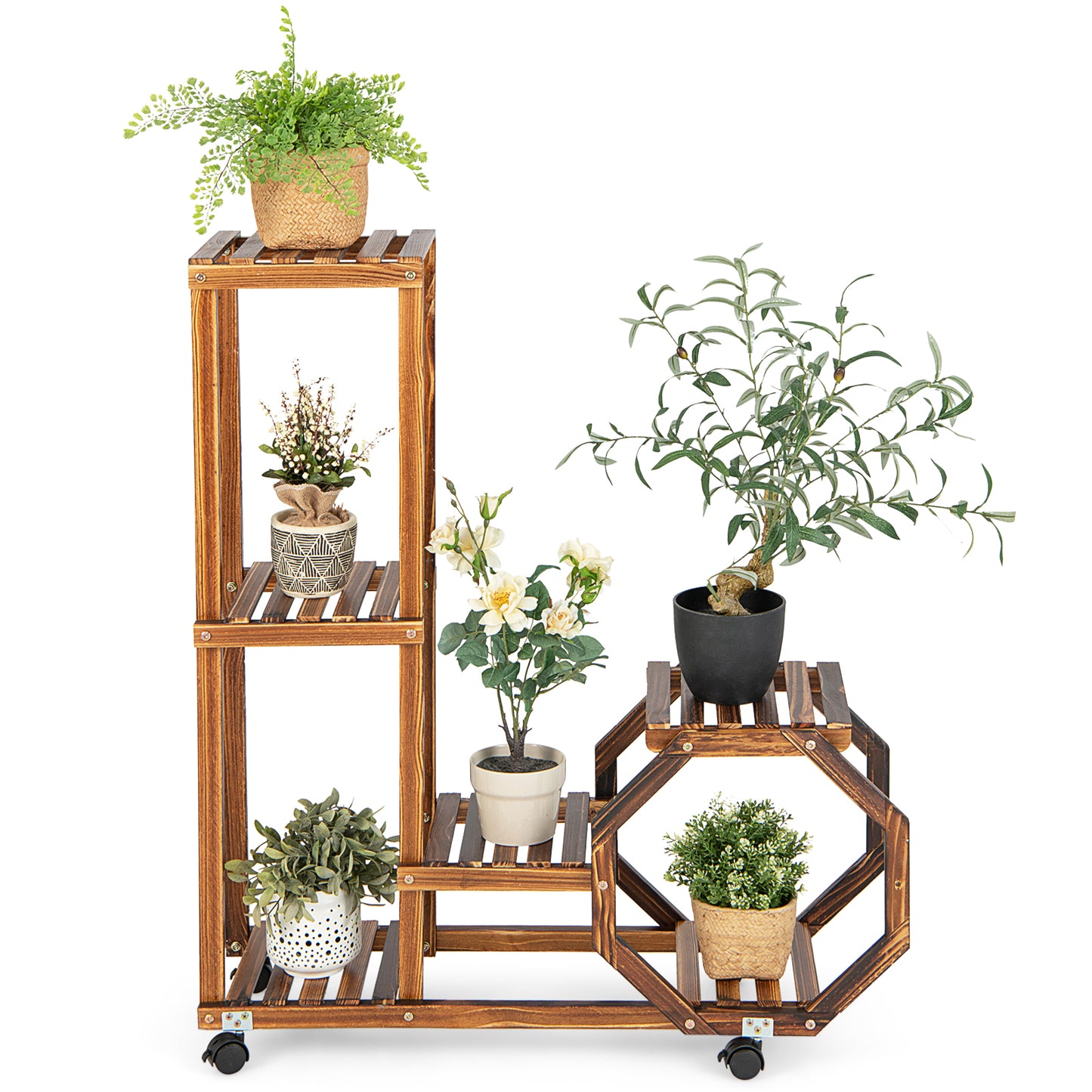 6-Tier Wooden Plant Stand with Wheels-Brown Kids Crystal