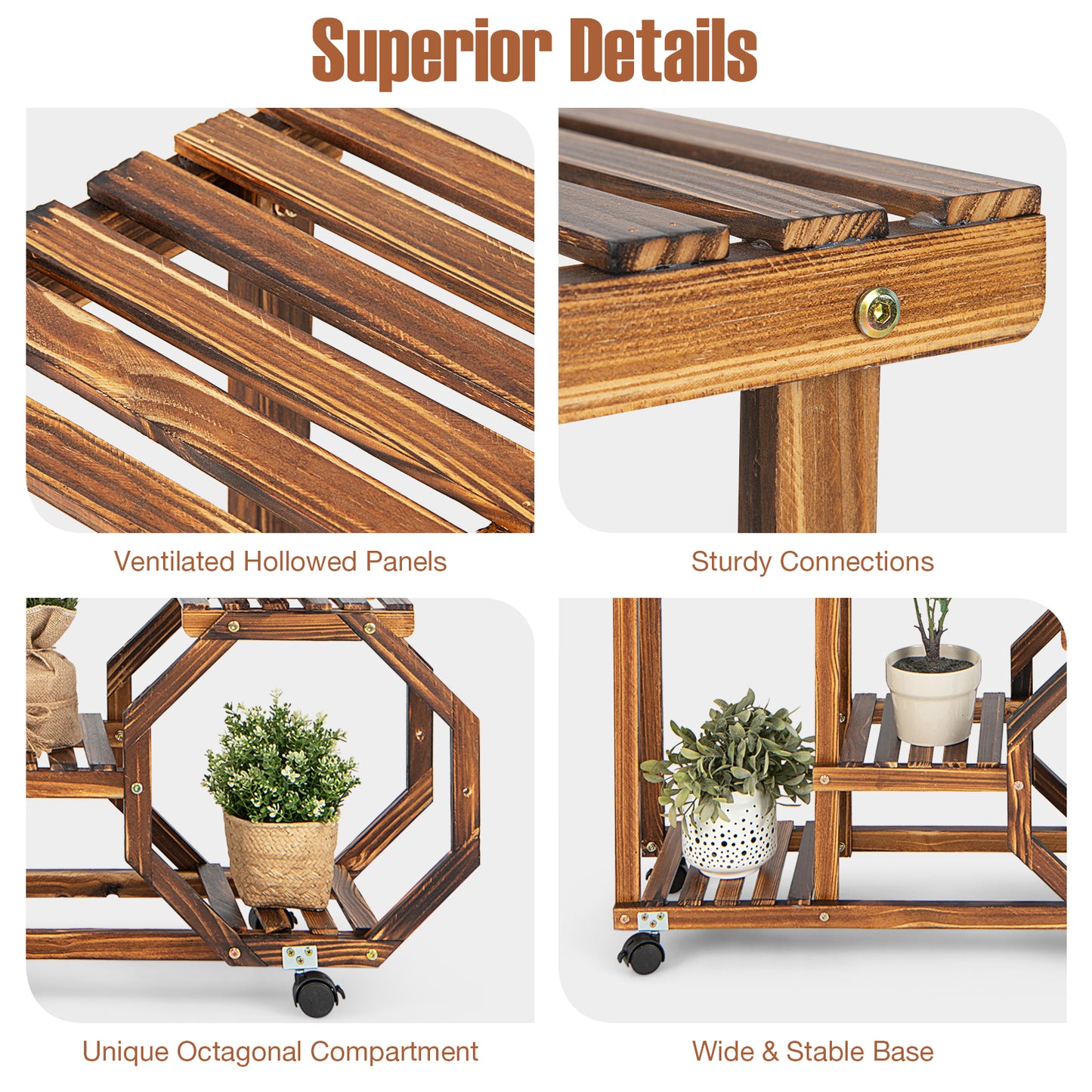 6-Tier Wooden Plant Stand with Wheels-Brown Kids Crystal