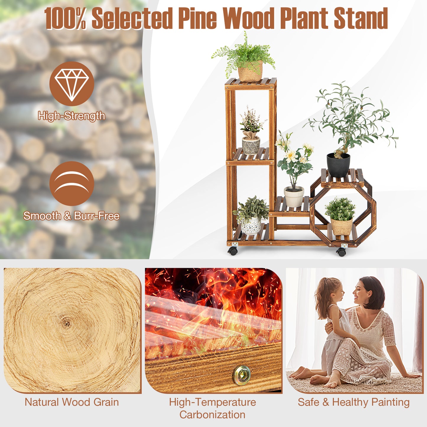 6-Tier Wooden Plant Stand with Wheels-Brown Kids Crystal