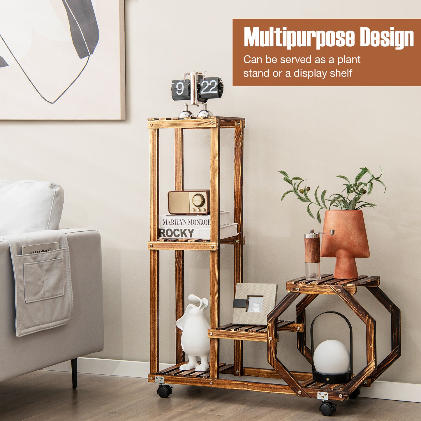 6-Tier Wooden Plant Stand with Wheels-Brown Kids Crystal