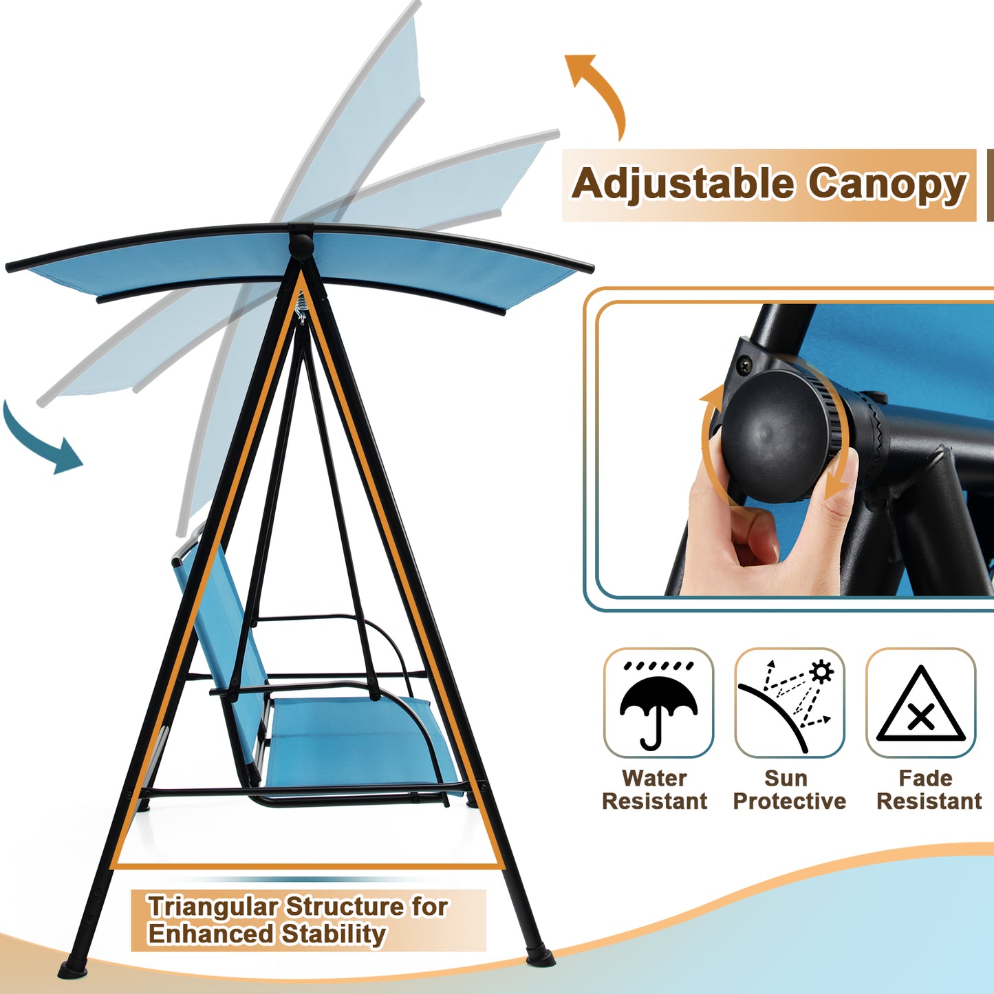 2-Seat Outdoor Canopy Swing with Comfortable Fabric Seat and Heavy-duty Metal Frame-Navy Kids Crystal