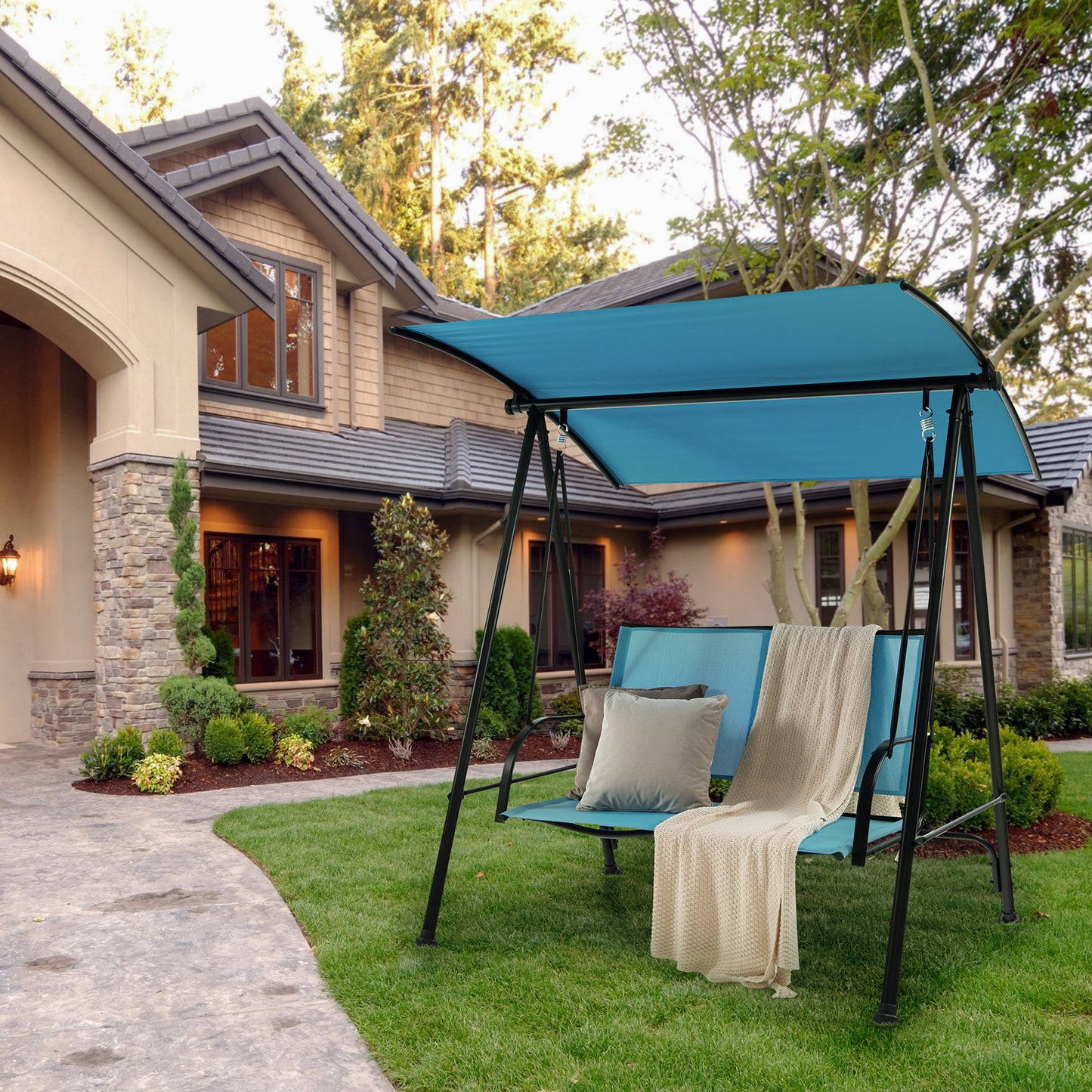 2-Seat Outdoor Canopy Swing with Comfortable Fabric Seat and Heavy-duty Metal Frame-Navy Kids Crystal