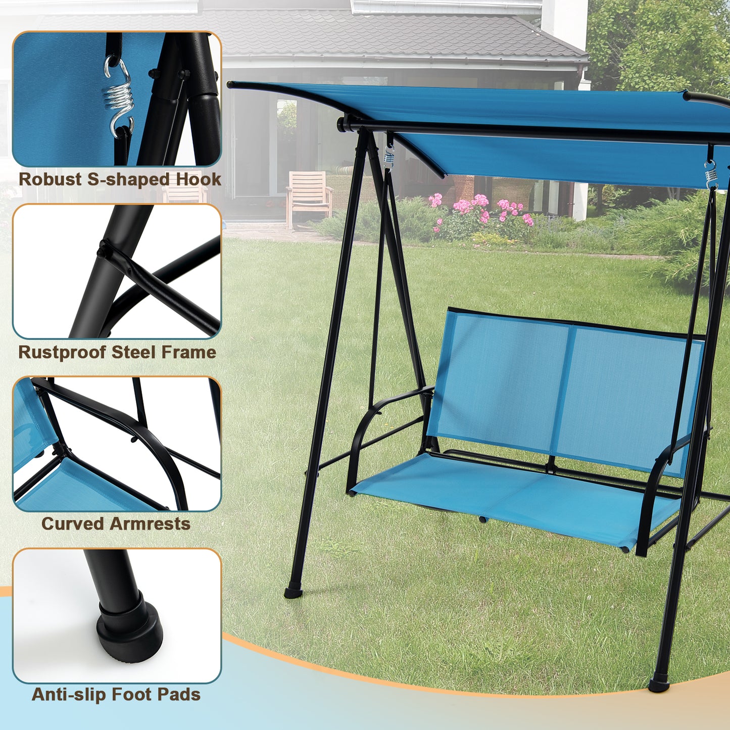 2-Seat Outdoor Canopy Swing with Comfortable Fabric Seat and Heavy-duty Metal Frame-Navy Kids Crystal
