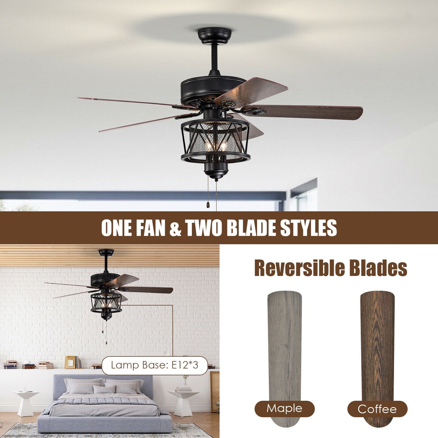 50 Inches Ceiling Fan with Lights Reversible Blades and Pull Chain Control-Black Kids Crystal