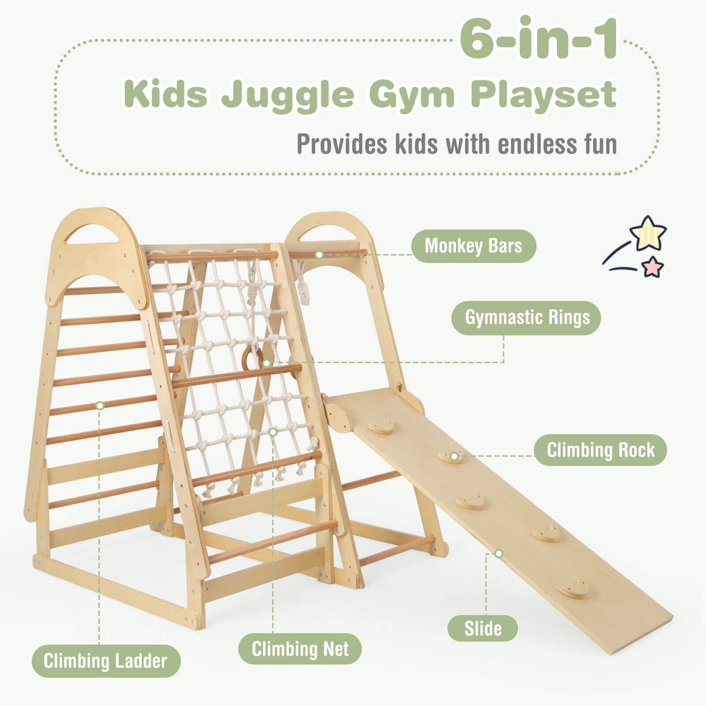 6-in-1 Wooden Kids Jungle Gym Playset with Slide Climbing Net-Natural Kids Crystal