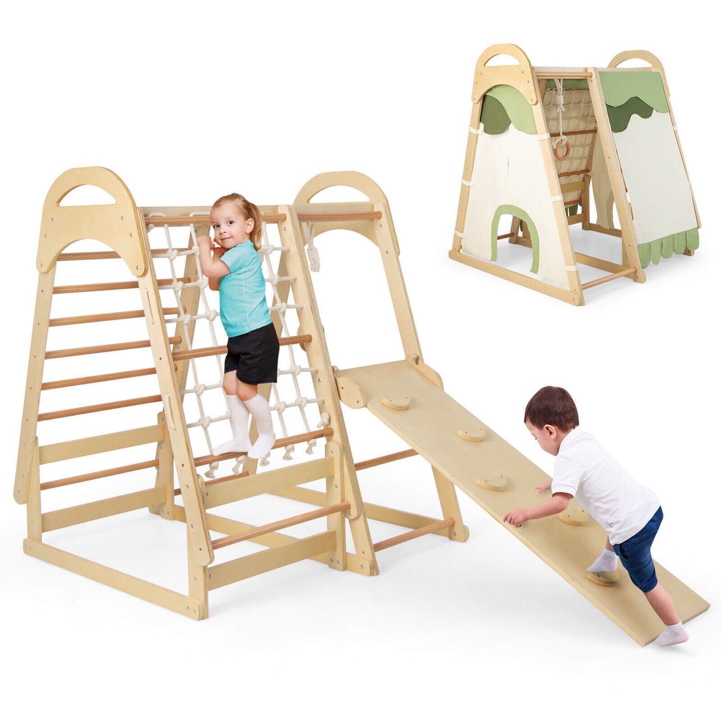 6-in-1 Wooden Kids Jungle Gym Playset with Slide Climbing Net-Natural Kids Crystal