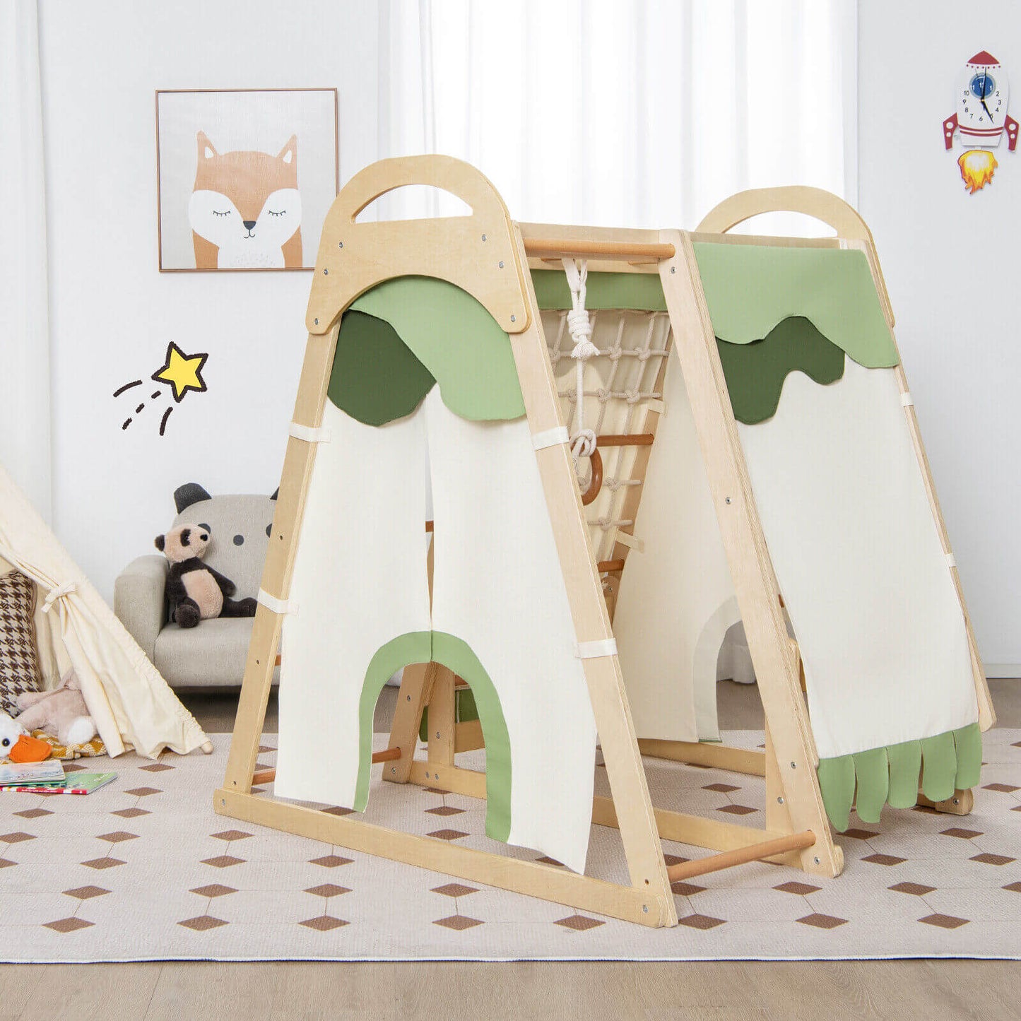 6-in-1 Wooden Kids Jungle Gym Playset with Slide Climbing Net-Natural Kids Crystal
