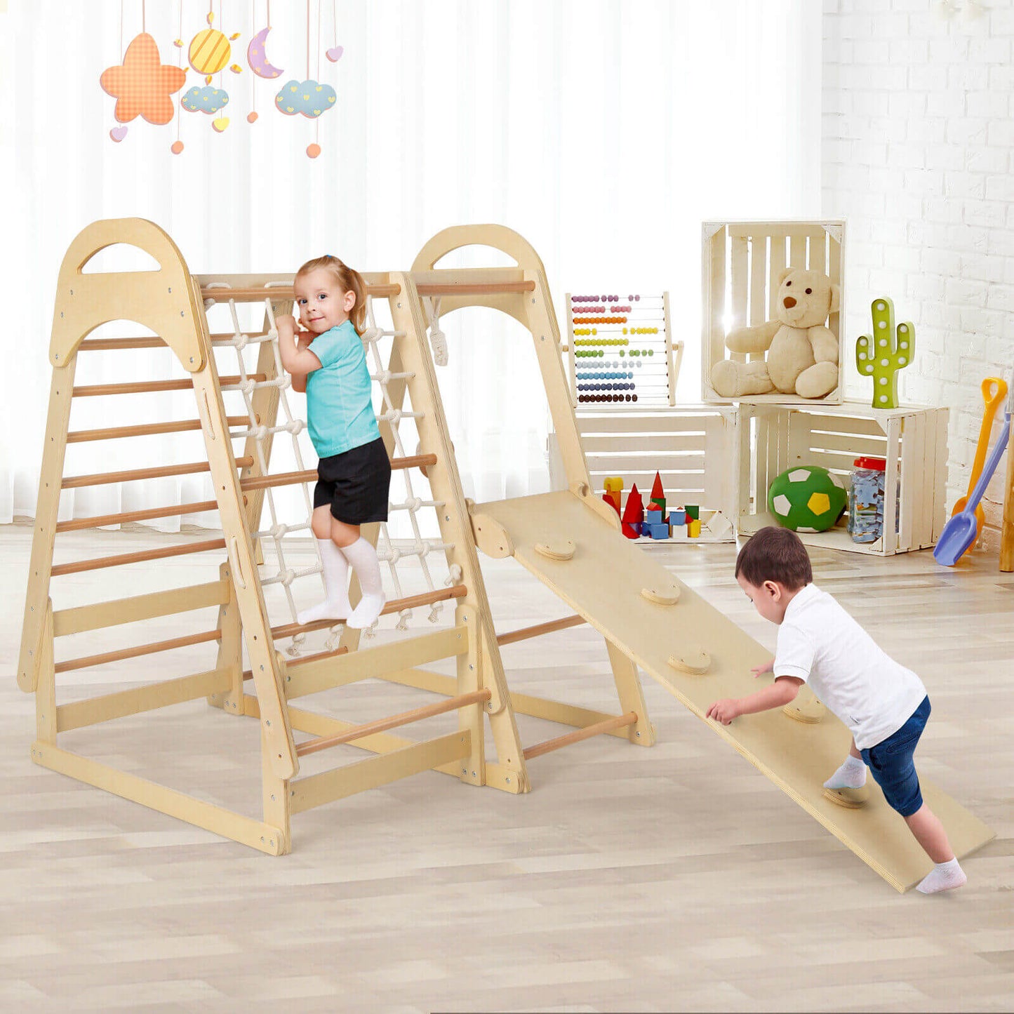 6-in-1 Wooden Kids Jungle Gym Playset with Slide Climbing Net-Natural Kids Crystal