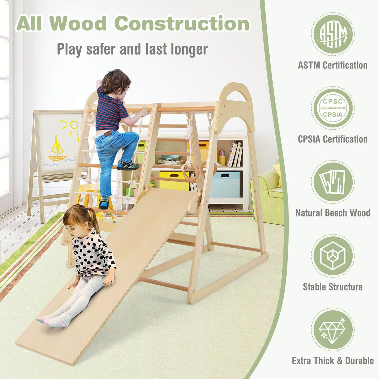 6-in-1 Wooden Kids Jungle Gym Playset with Slide Climbing Net-Natural Kids Crystal