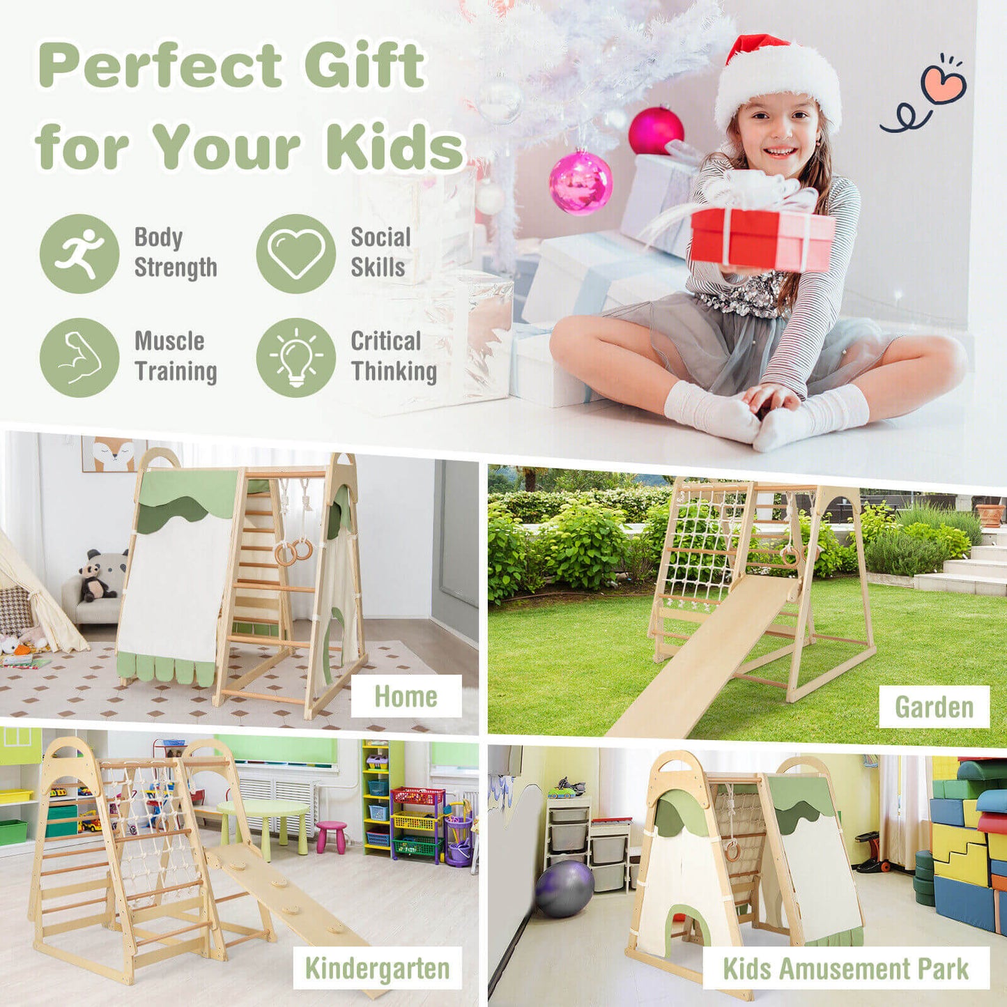 6-in-1 Wooden Kids Jungle Gym Playset with Slide Climbing Net-Natural Kids Crystal