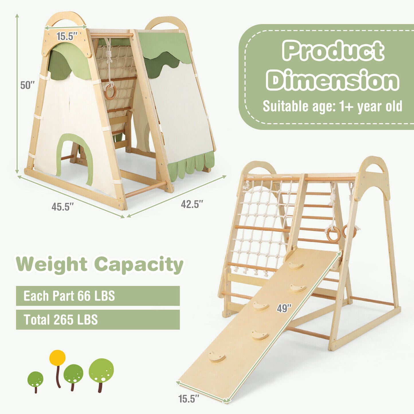 6-in-1 Wooden Kids Jungle Gym Playset with Slide Climbing Net-Natural Kids Crystal
