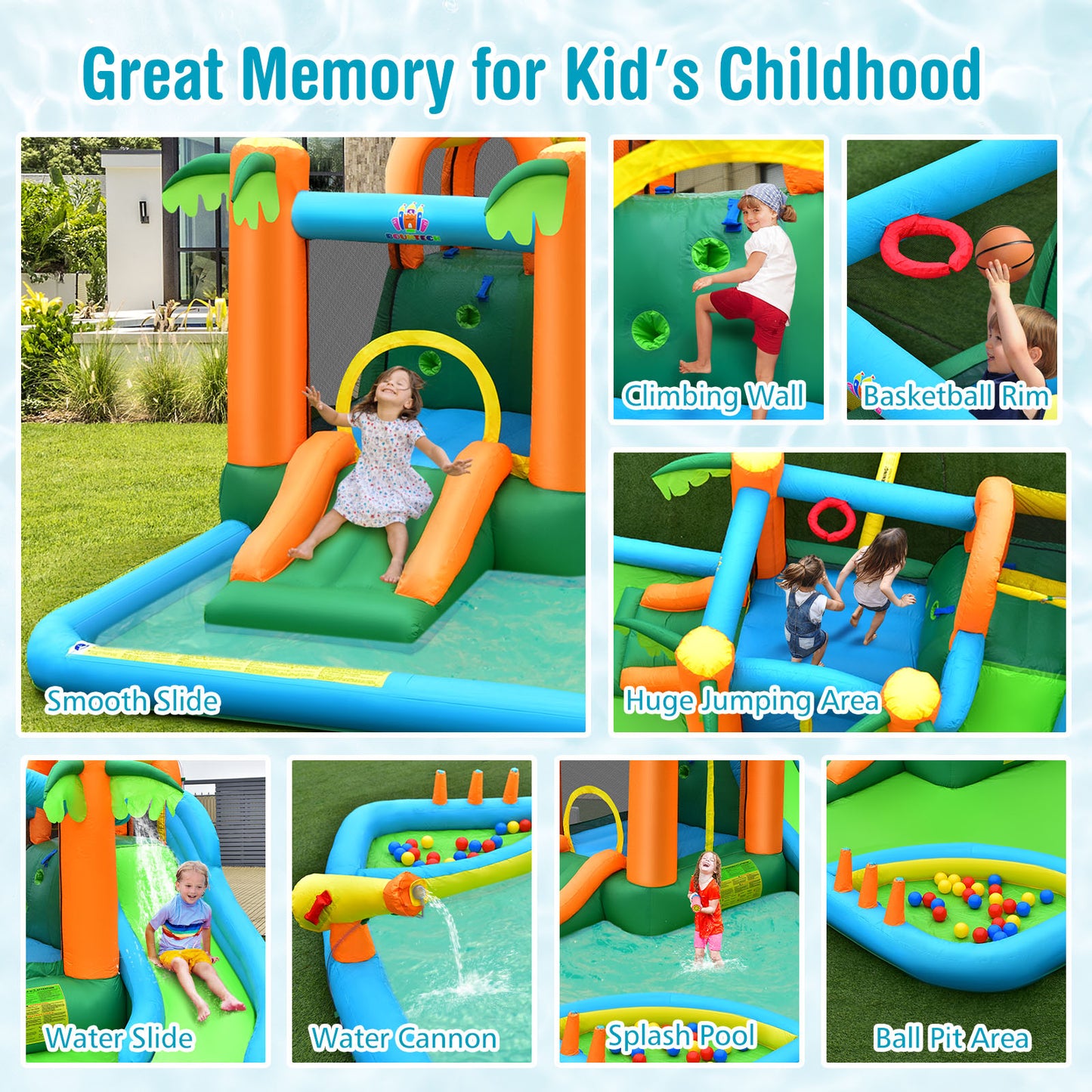 7-in-1 Inflatable Water Slide Park with 780W Blower Kids Crystal