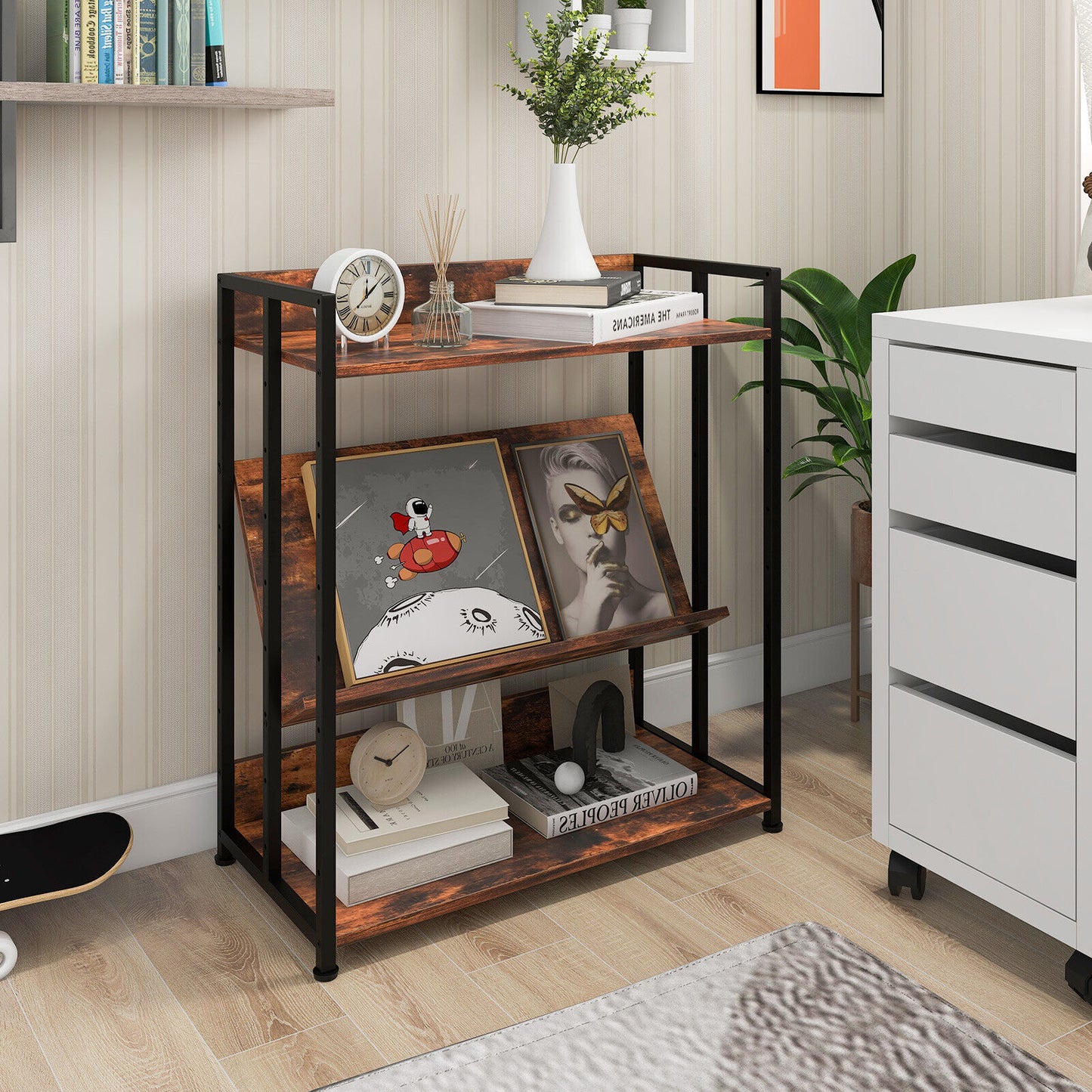 3/5-Tier Industrial Bookshelf Storage Shelf Display Rack with Adjustable Shelves-3-Tier Kids Crystal