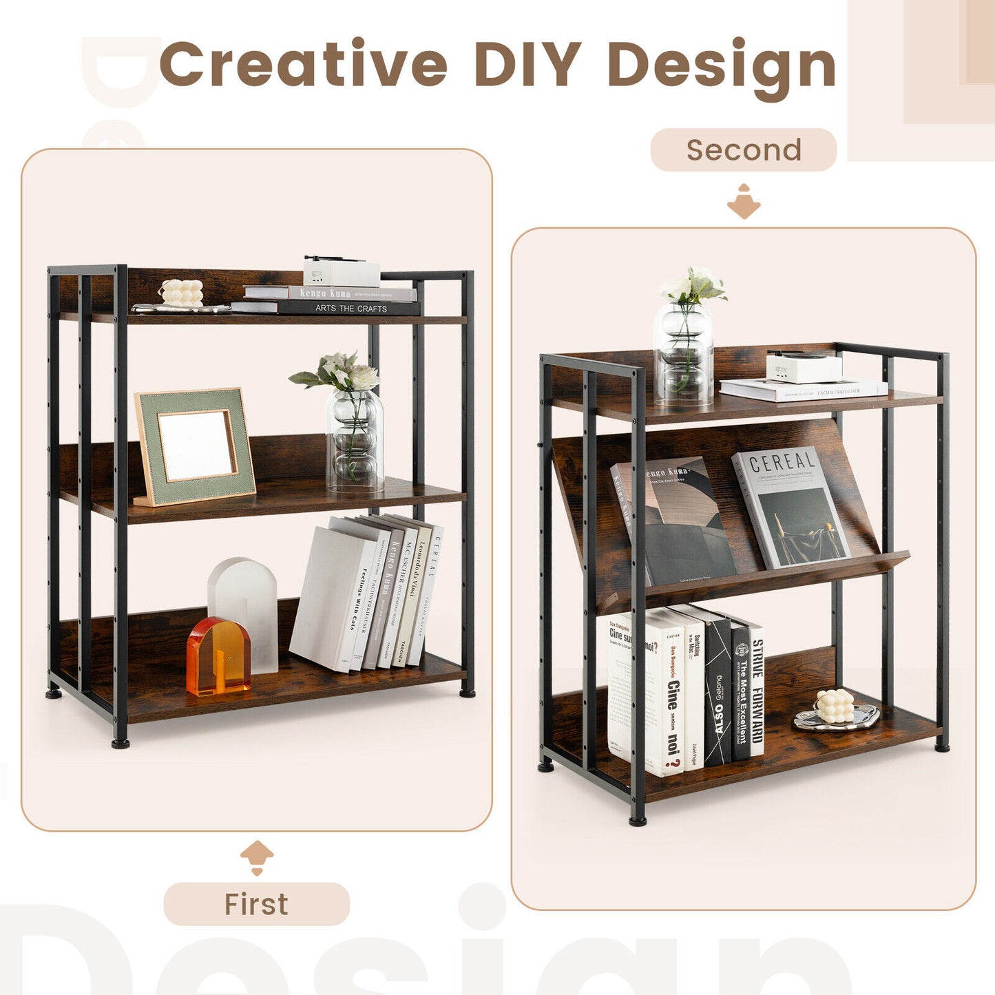 3/5-Tier Industrial Bookshelf Storage Shelf Display Rack with Adjustable Shelves-3-Tier Kids Crystal