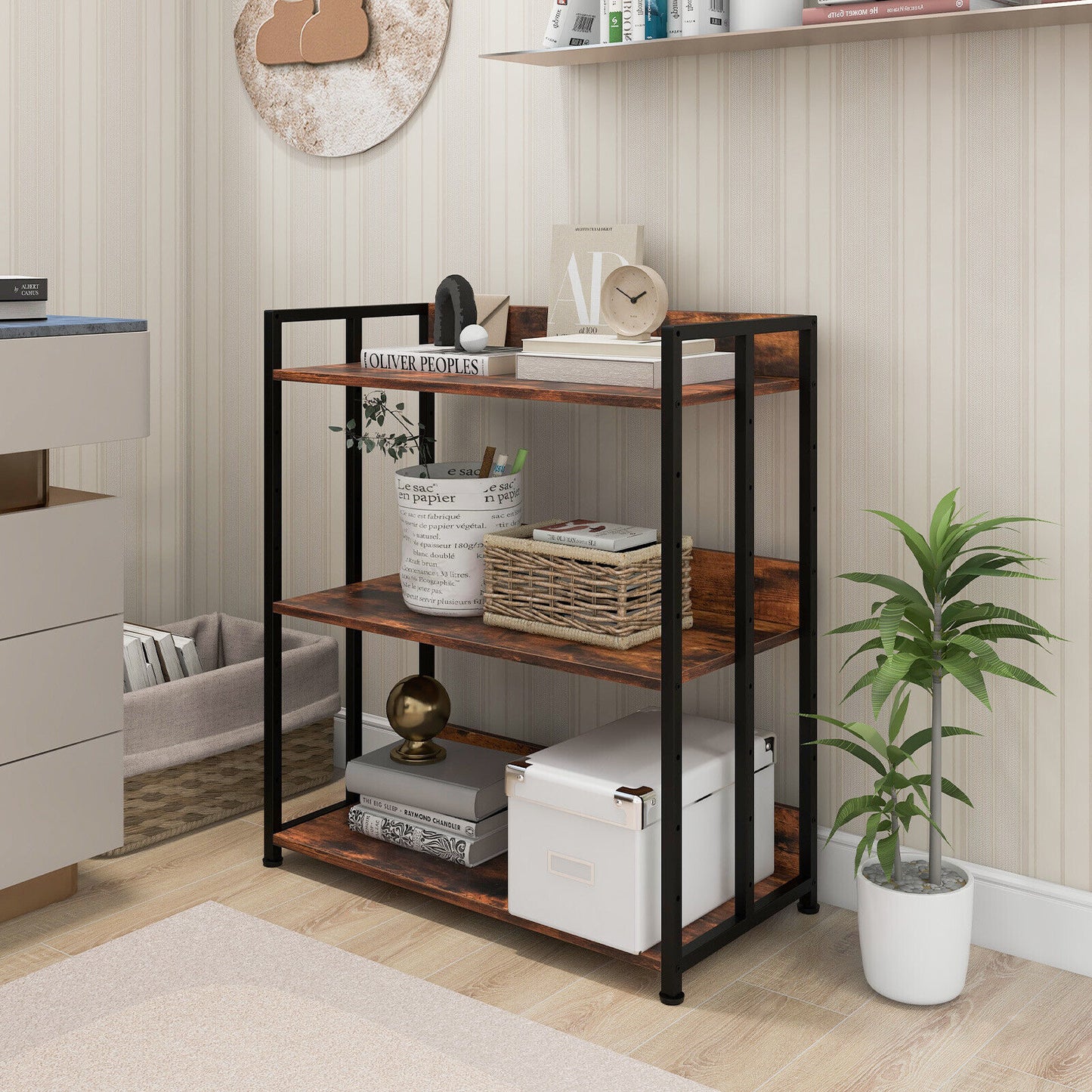 3/5-Tier Industrial Bookshelf Storage Shelf Display Rack with Adjustable Shelves-3-Tier Kids Crystal
