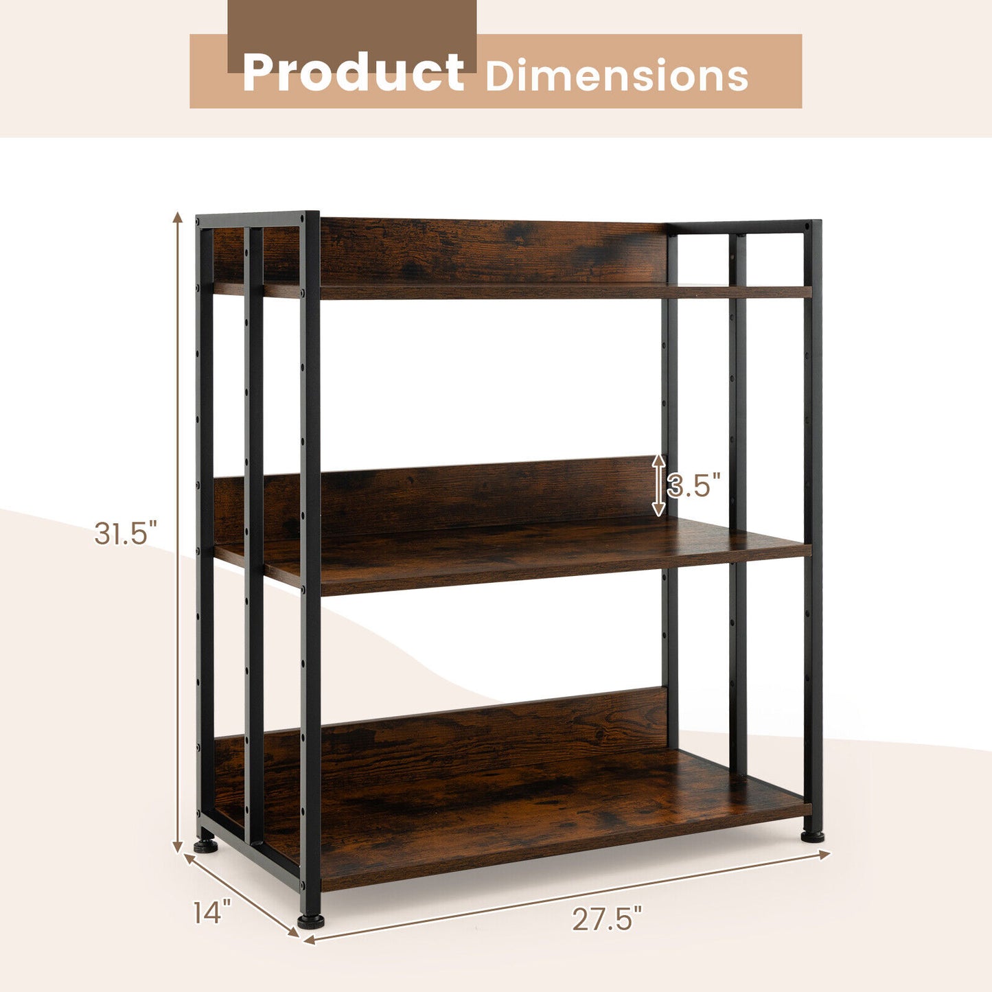 3/5-Tier Industrial Bookshelf Storage Shelf Display Rack with Adjustable Shelves-3-Tier Kids Crystal