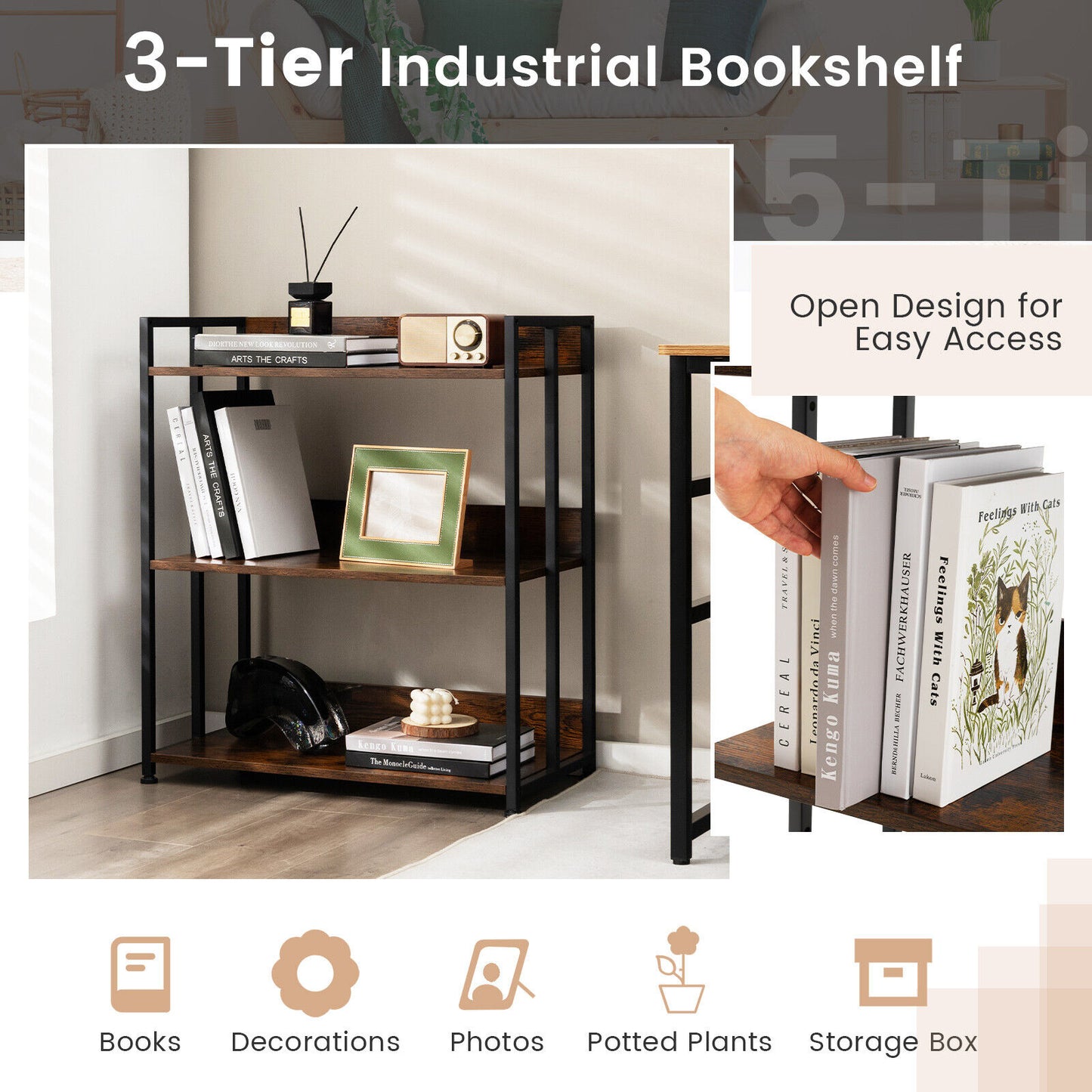 3/5-Tier Industrial Bookshelf Storage Shelf Display Rack with Adjustable Shelves-3-Tier Kids Crystal