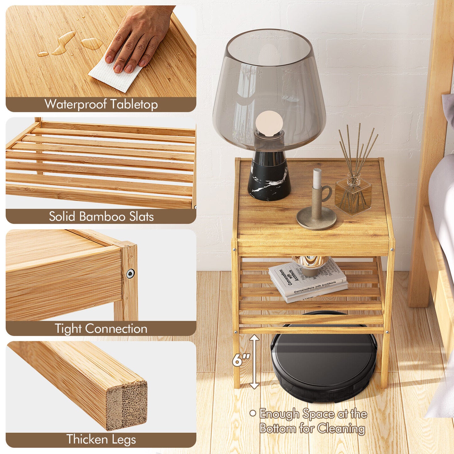 2 Pieces 2 Tiers Bamboo Nightstand for Living Room Bedroom-Natural Kids Crystal