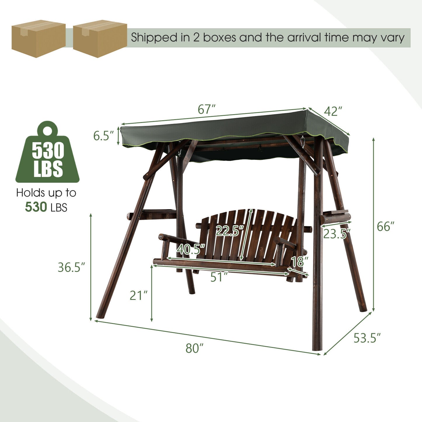 2-Person Outdoor Wooden Porch Swing with an Adjustable Canopy Kids Crystal
