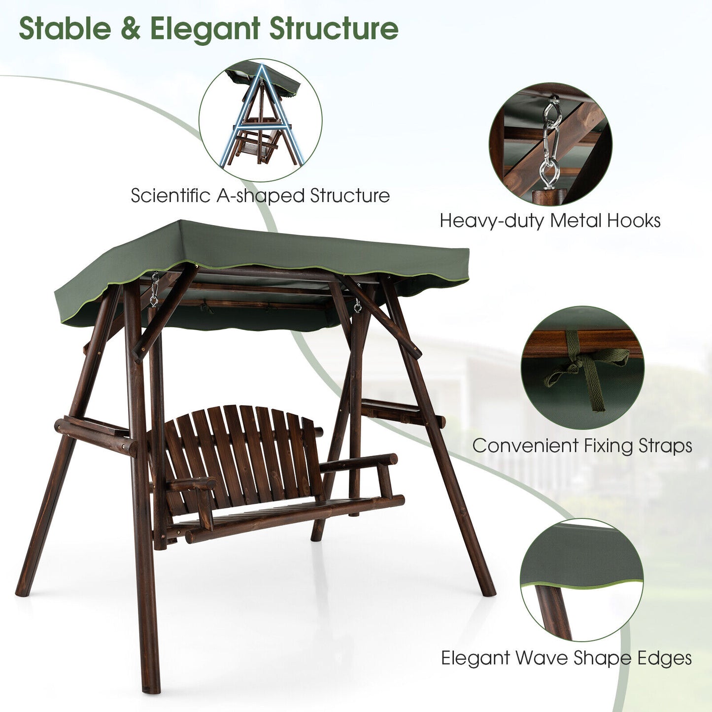 2-Person Outdoor Wooden Porch Swing with an Adjustable Canopy Kids Crystal