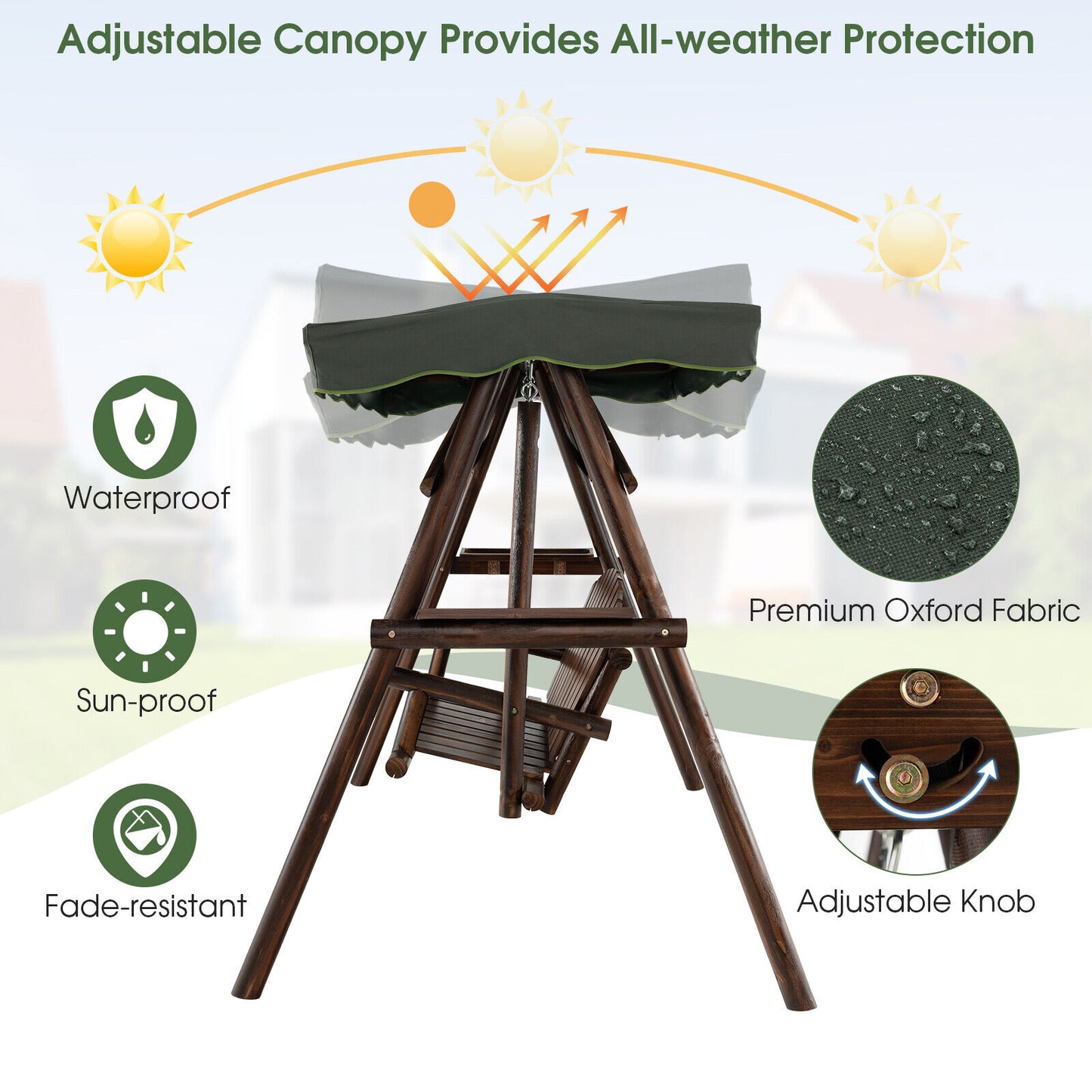 2-Person Outdoor Wooden Porch Swing with an Adjustable Canopy Kids Crystal