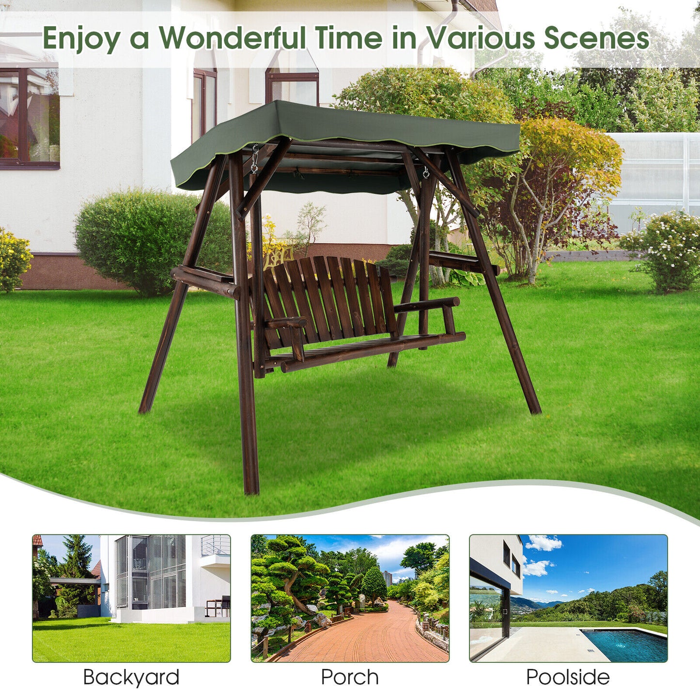 2-Person Outdoor Wooden Porch Swing with an Adjustable Canopy Kids Crystal
